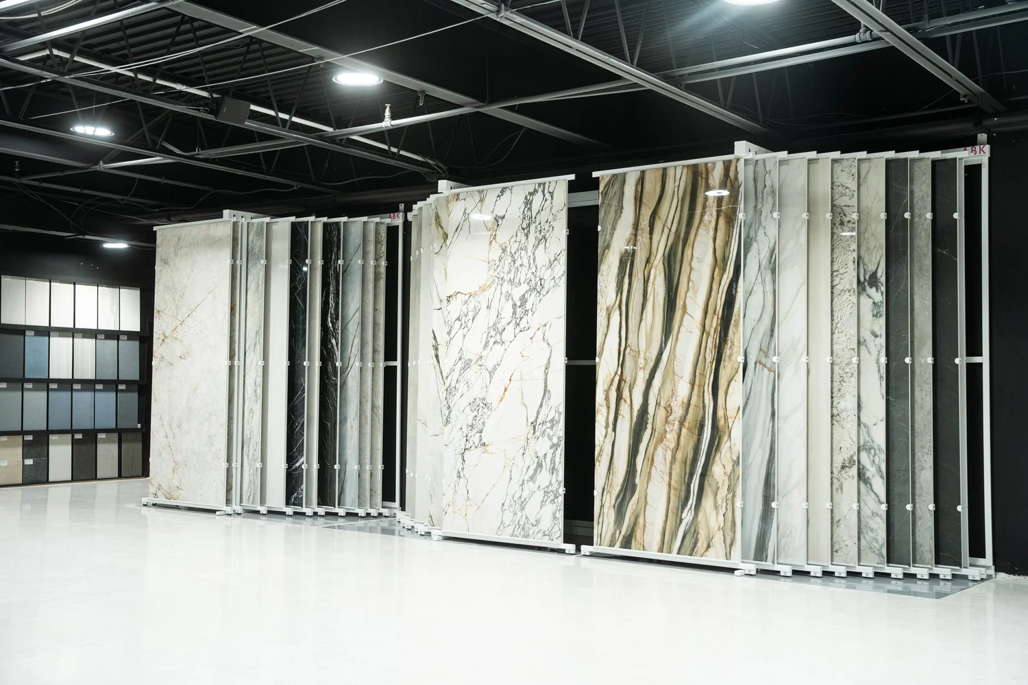Full-size porcelain slabs displayed at the Porcelain Source material gallery in Roseland, New Jersey