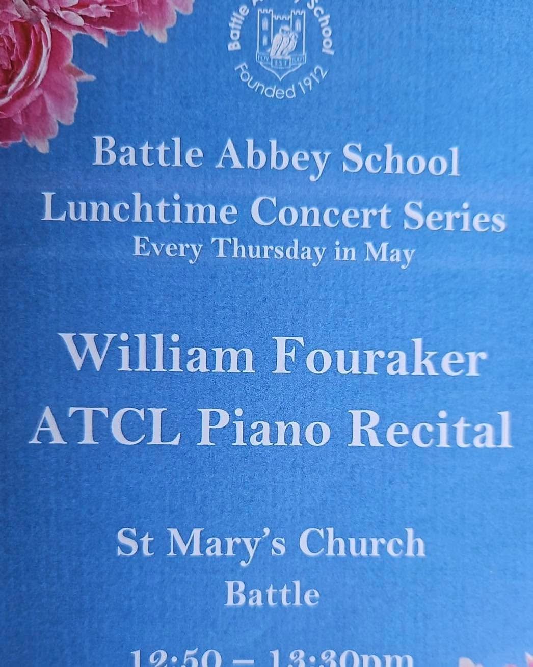 MUSIC AT ST MARY&rsquo;S BATTLE

Thursday 22nd May
12.50 - 1.30pm 
Piano recital by William Fouraker 
Battle Abbey School

Saturday 24th May
7.30pm 
Battle Choral Society perform &lsquo;The Seasons&rsquo; by Joseph Haydn

Saturday 21st June 
7pm
What