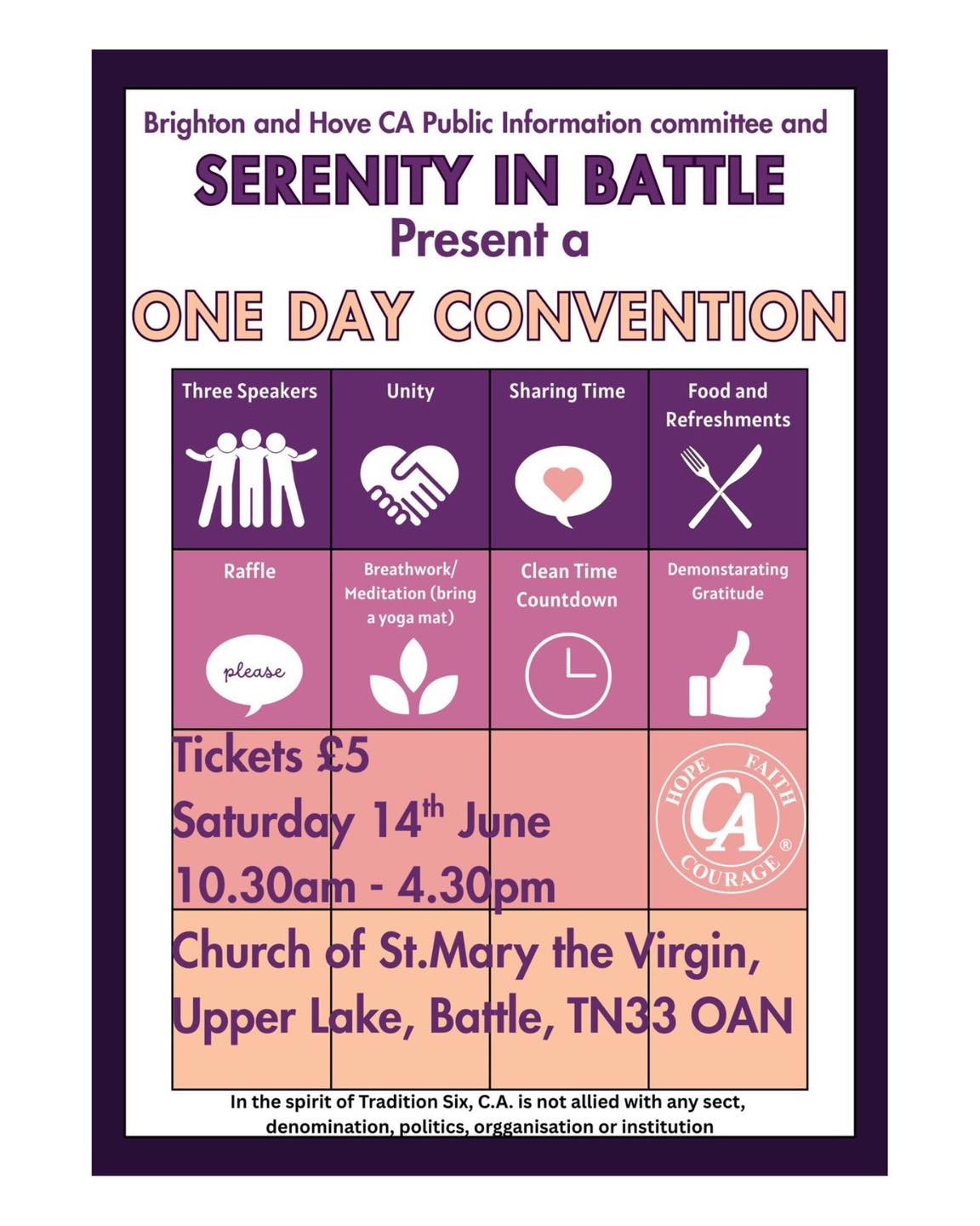 SERENITY IN BATTLE
(Hosted by Cocaine Anonymous)
Saturday 14th June 
10.30 - 4.30pm

Everyone is welcome to come along and hear inspiring speakers, feel free to bring a mat for some breath work and enjoy some food together. We look forward to welcomi