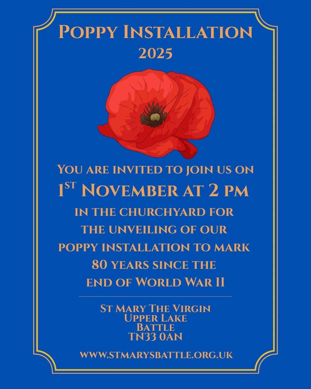 SAVE THE DATES

1st November 2pm 
❤️ Poppy Installation unveiled 
(In place until 15th November)

9th November 10.50am
🇬🇧 Remembrance Sunday service

22nd November 12 - 4pm
🎄 Artisan Fair at the Christmas Tree Festival

23rd November 1.30- 4pm 
☕️