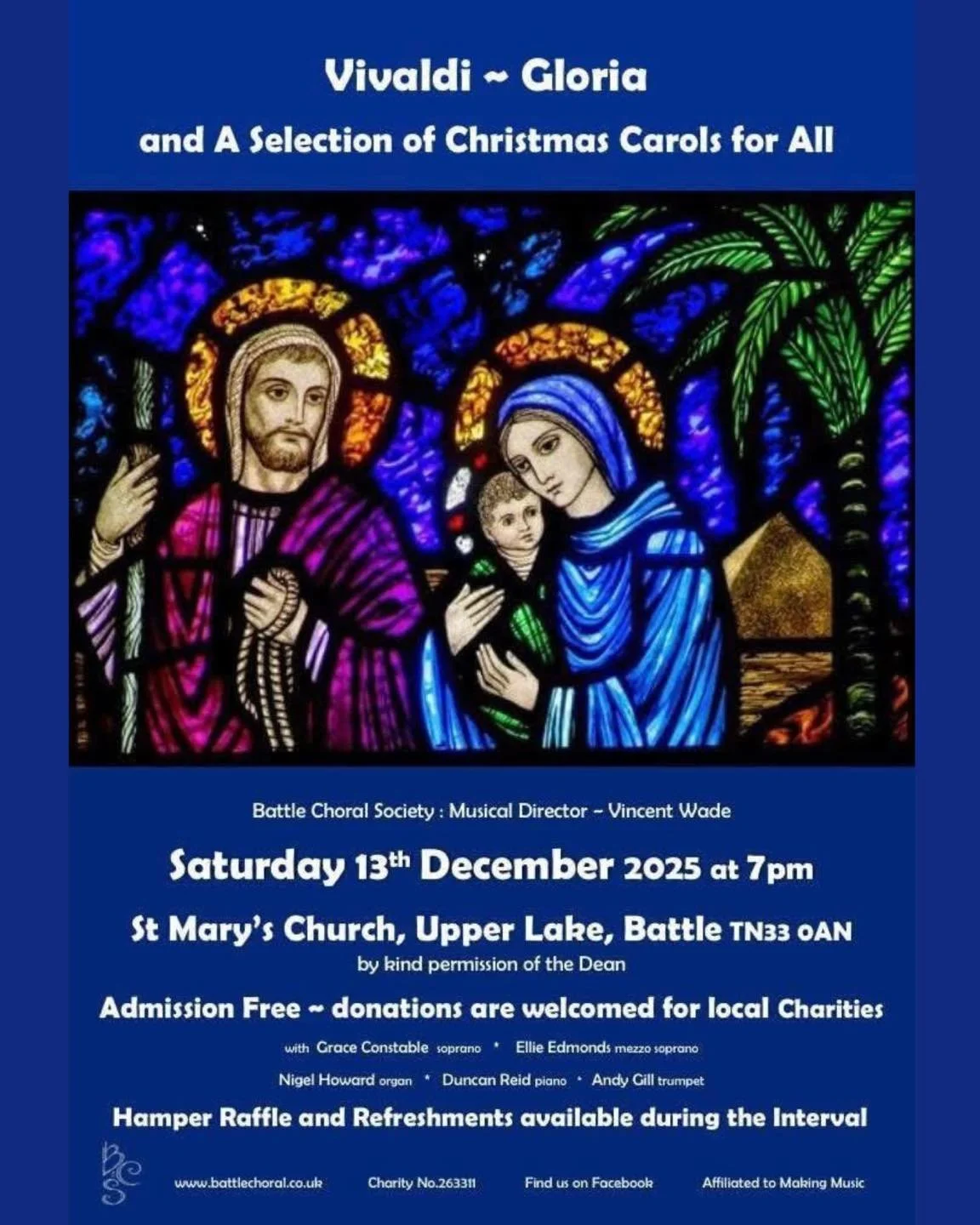 BATTLE CHORAL SOCIETY
7pm this evening 

Vivaldi - Gloria
and a selection of Christmas Carols for all

Admission free - donations are welcomed for local charities

Hamper raffle and refreshments available during the interval