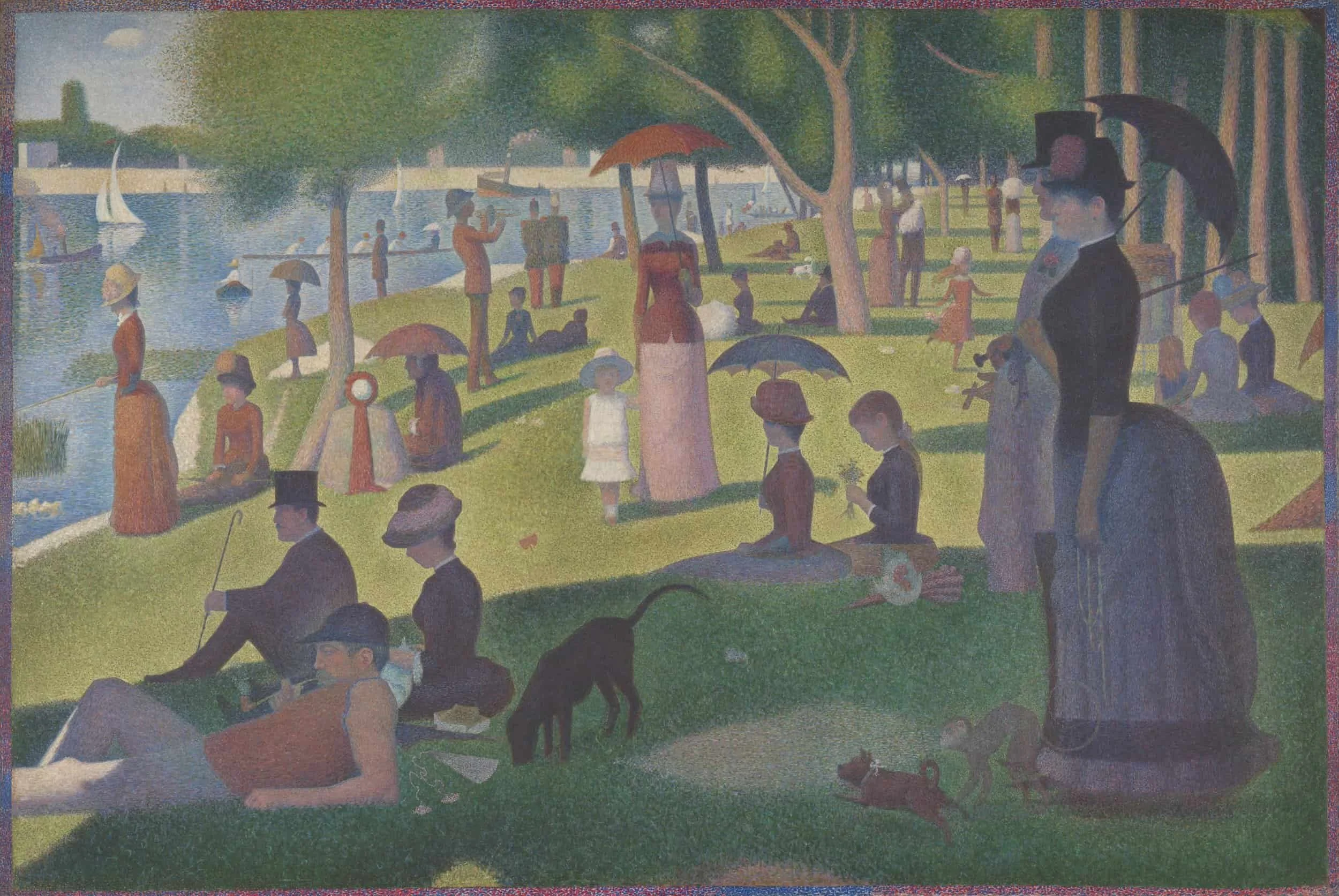 The famous pointillist painting A Sunday on La Grande Jatte, byt George Seraut. The large oil painting depicts people from different social classes strolling and relaxing in a park just west of Paris on La Grande Jatte, an island in the Seine River.