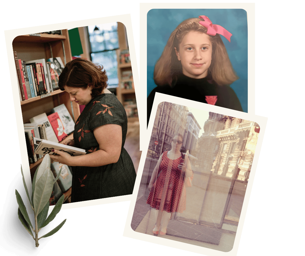 Photo collage of Nancy Martira, founder of Clew Strategy. Photos show the brand strategist and communications consultant in third grade, traveling abroad, and in a bookshop