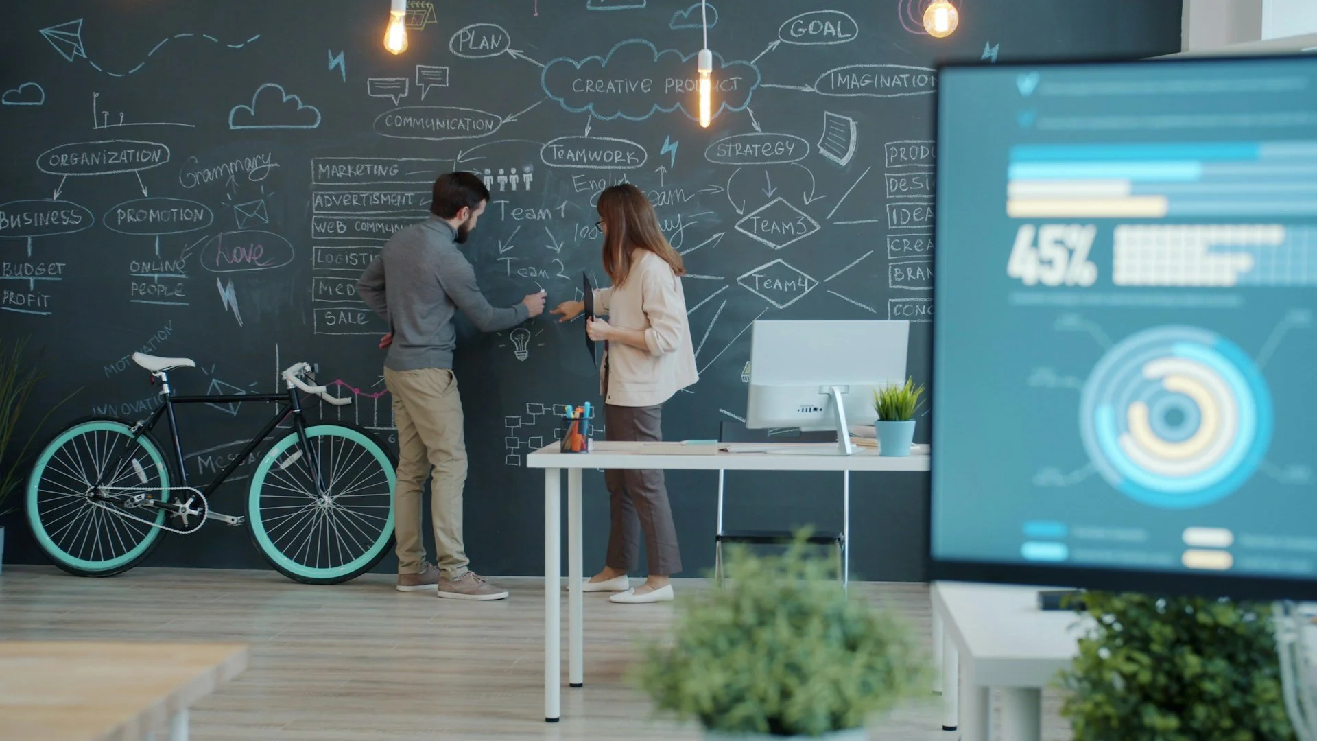 Photo of an office with a floor to ceiling chalkboard. Two colleagues are standing at the wall collaborating on a flow chart and wire frames. There is a bicycle leaning against the wall. In the foreground, a computer montior displays an infographic.