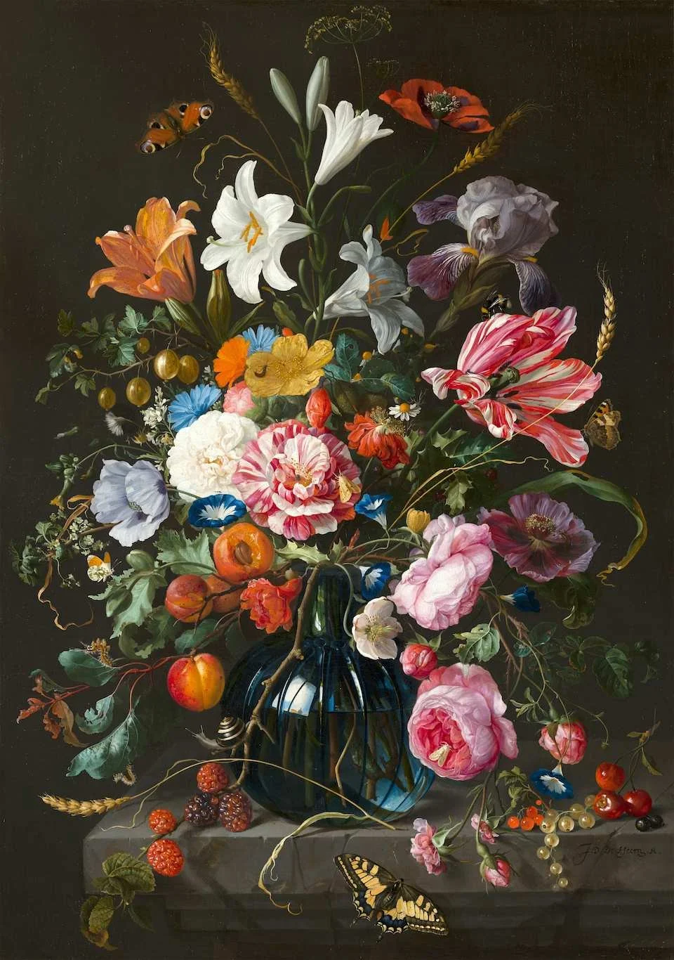 Oil painting of a still life done in the style of an Old Dutch Master. A pretty blue glass vase sits in the center of the canvas. A riot of colorful blooms, fruit, and greenery bursts from the vase. On the table surrounding the vase is fruit