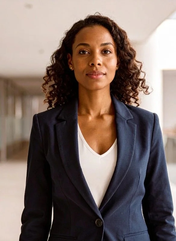 A middle-aged Black woman with curly hair wears a navy blue blazer over a white blouse. She looks directly at the camera, giving off the energy of a confident, capable, professional. She wears gold stud earrings.