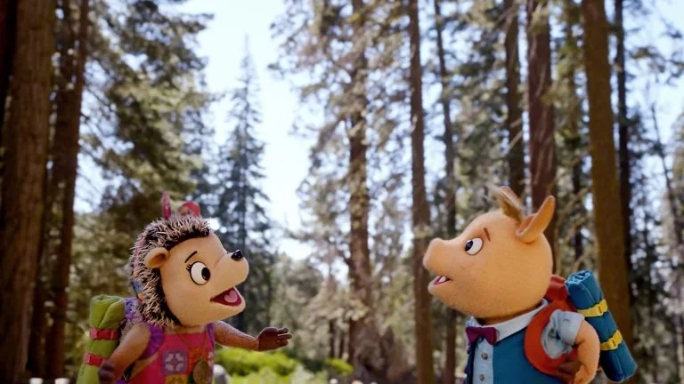 Publicity photo from Wowsabout, PBS Kids. Roxy, a hedgehog puppet, wears bright pink overalls and has a ribbon in her hair. Ronald, a pig puppet, wears a vest and a bow tie. They are each wearing backpacks with their ground mats clipped to the side.