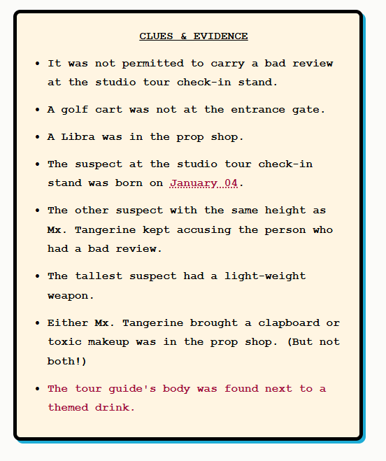 Screenshot of the Clues & Evidence from a Daily Murdle Puzzle. These clues belong to the March 19, 2026 puzzle. Sample clue: "A golf cart was not at the entrance gate." and "The tallest suspect had a light-weight weapon."