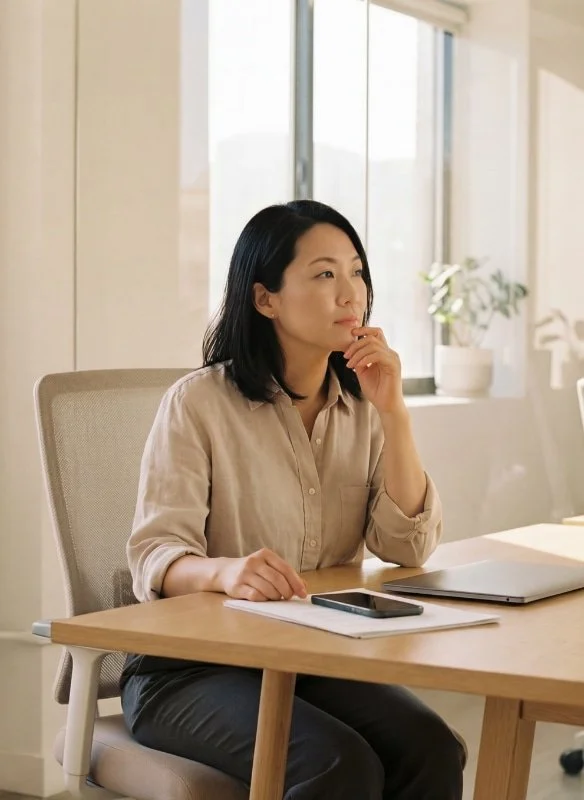 A middle-aged East Asian woman is sitting at a desk in a bright office. She looks pensive and stares off in the middle distance. There is a laptop and iphone in front of her. She's dressed in neutrals and the office is bathed in warm light.
