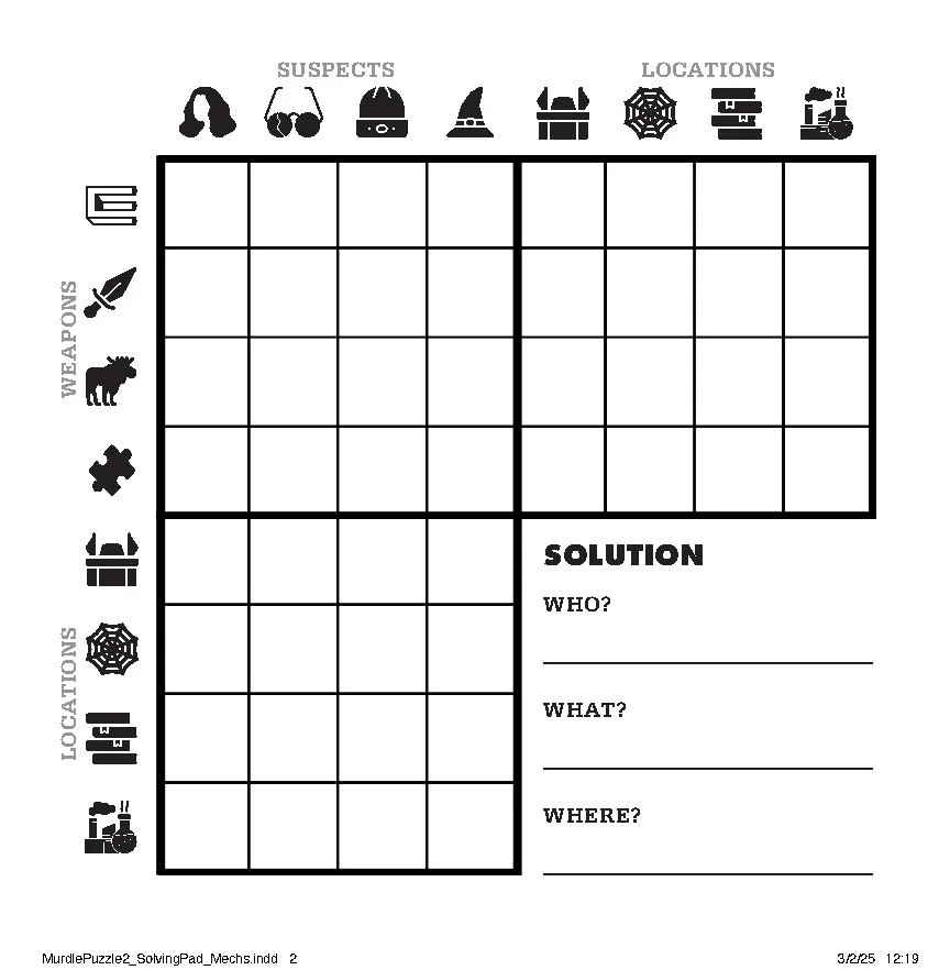 Image of a logic grid to solve a Murdle Puzzle. This grid belongs to the Murdle in the Mystery Mansion Jigsaw Puzzle. There are grid spaces for four weapons, four suspects, and four locations. Each column and row is denoted by a black icon.