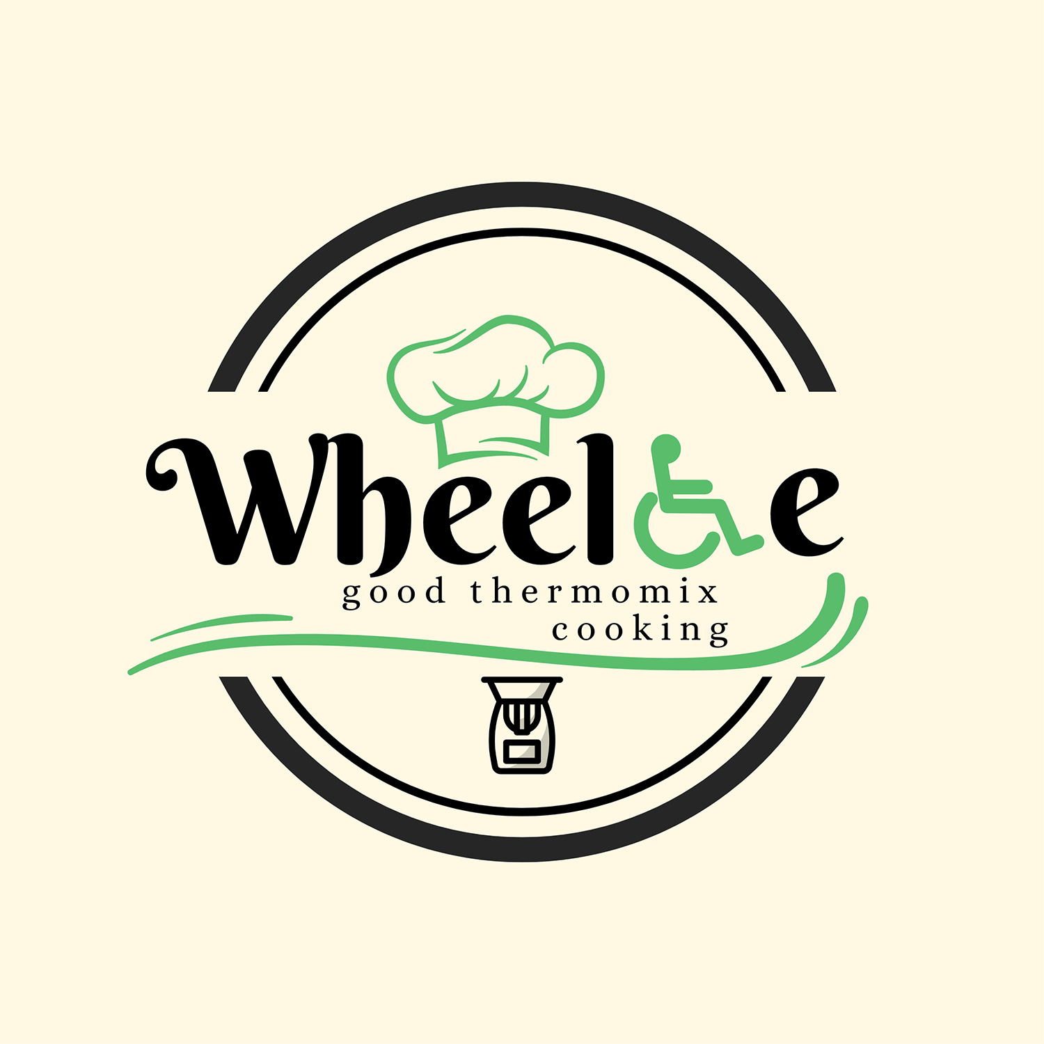 Logo for Wheelie Good Thermomix Cooking. Light yellow background with black circle lines and business name with a Chefs hat and wheelchair user symbol and an icon of a Thermomix