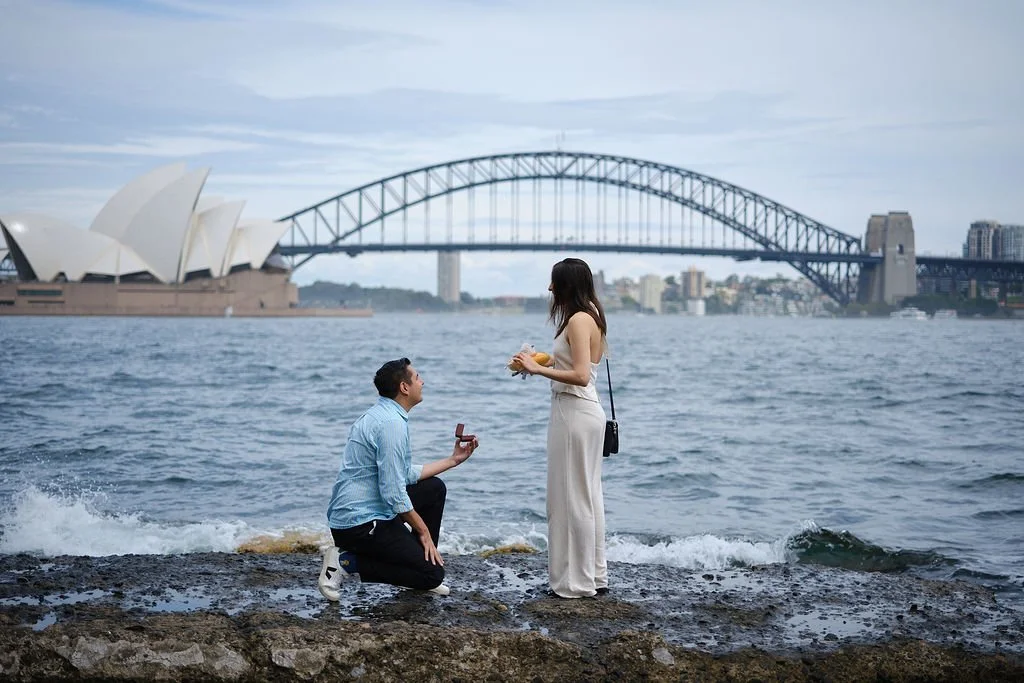 Surprise proposal at Mrs Macquarie's Chair overlooking Sydney Opera House