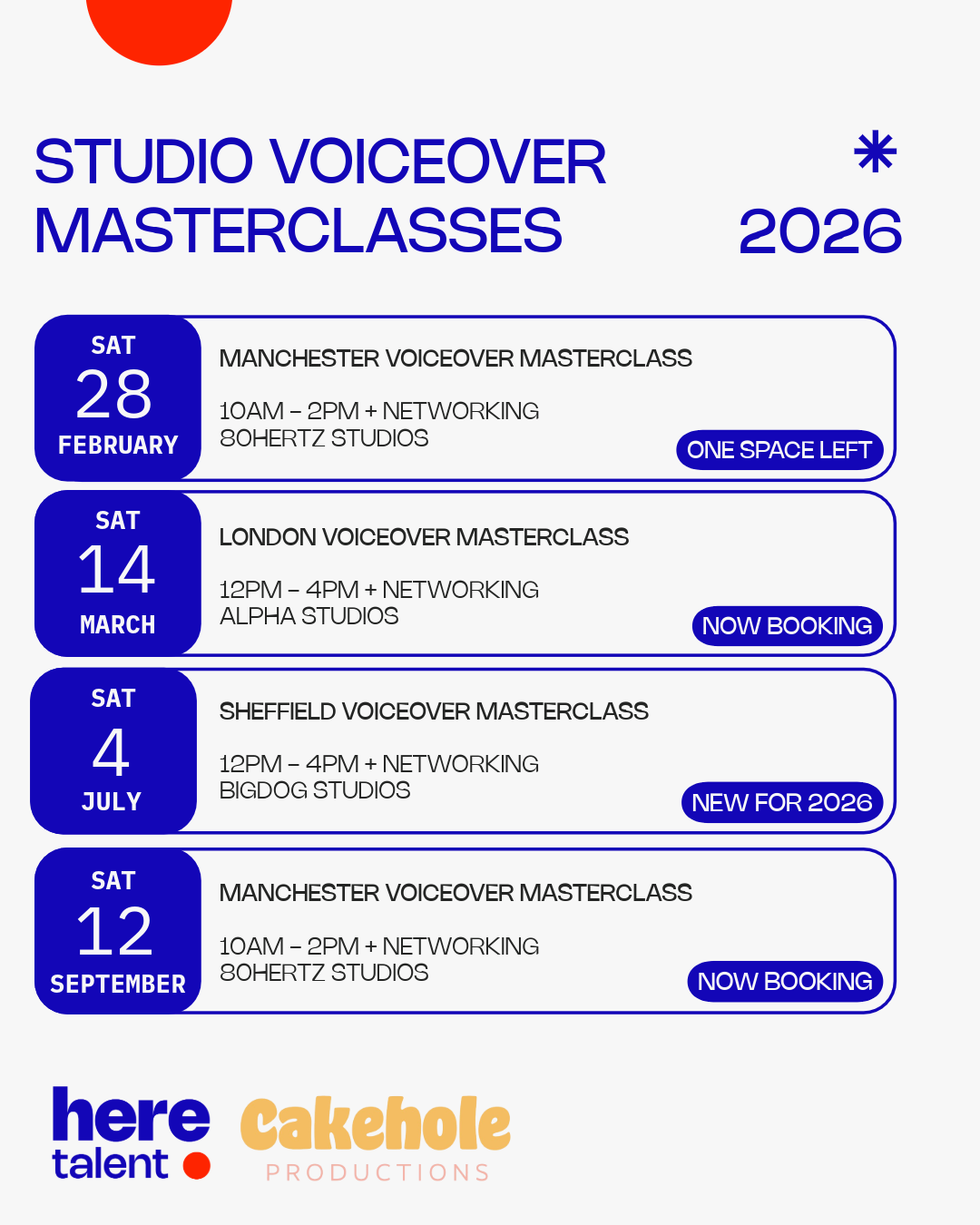 Studio Voiceover Masterclass 2026 dates in Manchester, London, Sheffield, and Manchester with Fiona Boylan & Alex Griffiths at professional recording studios.