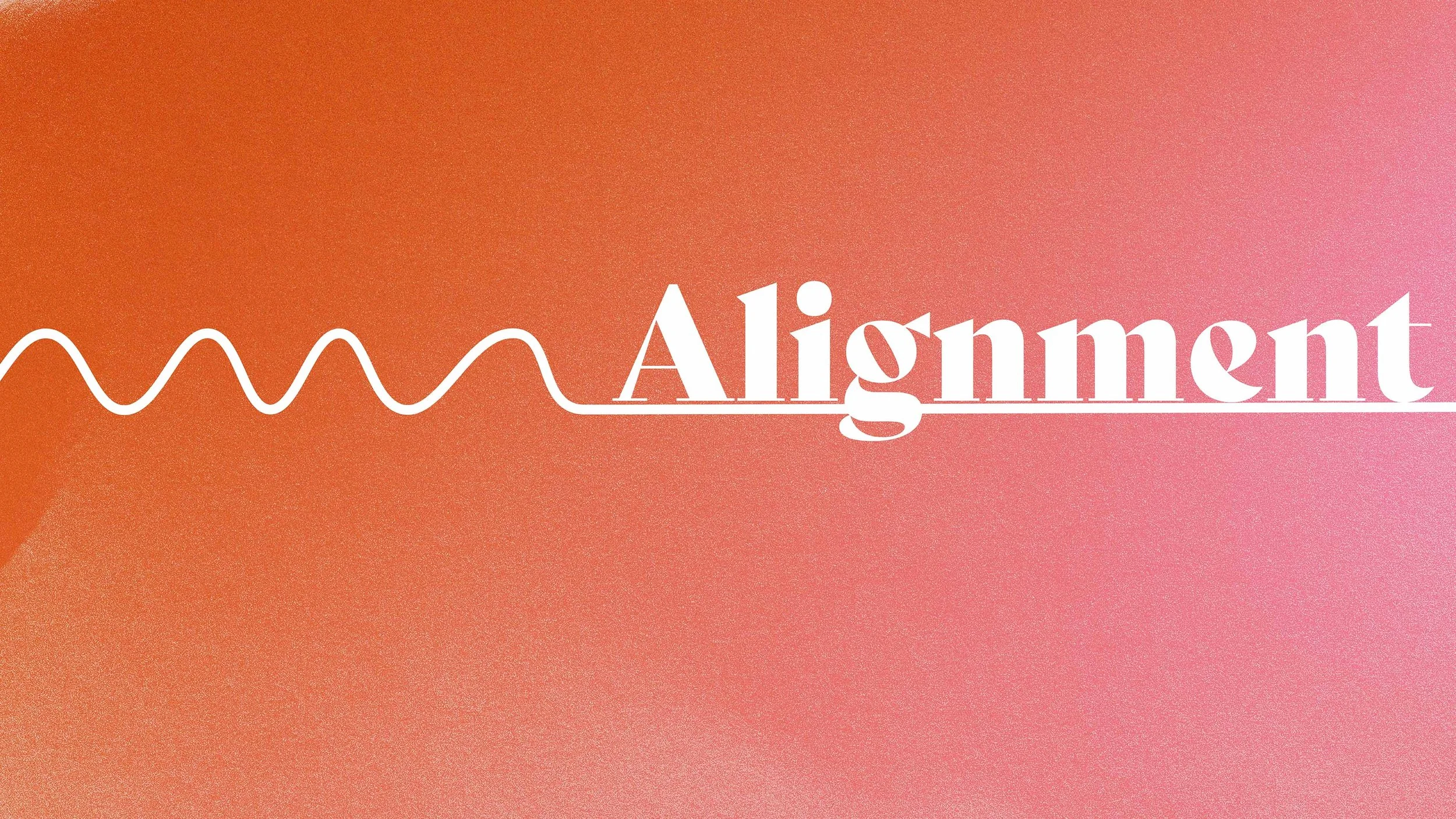 The image features the word "Alignment" in white text with a stylized wave graphic extending from the left side of the text, all set against a warm gradient background that transitions from orange to pink.