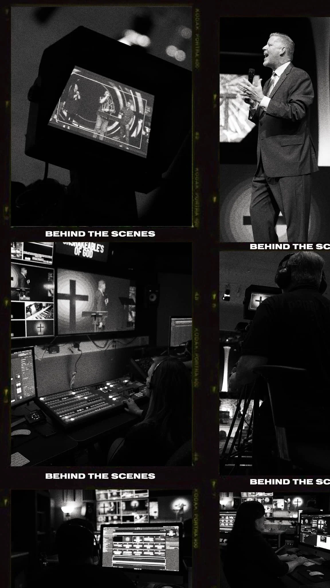 Black and white photo collage of behind-the-scenes of a video production or broadcast, showing people working at computer monitors, a speaker, and a control room with screens.