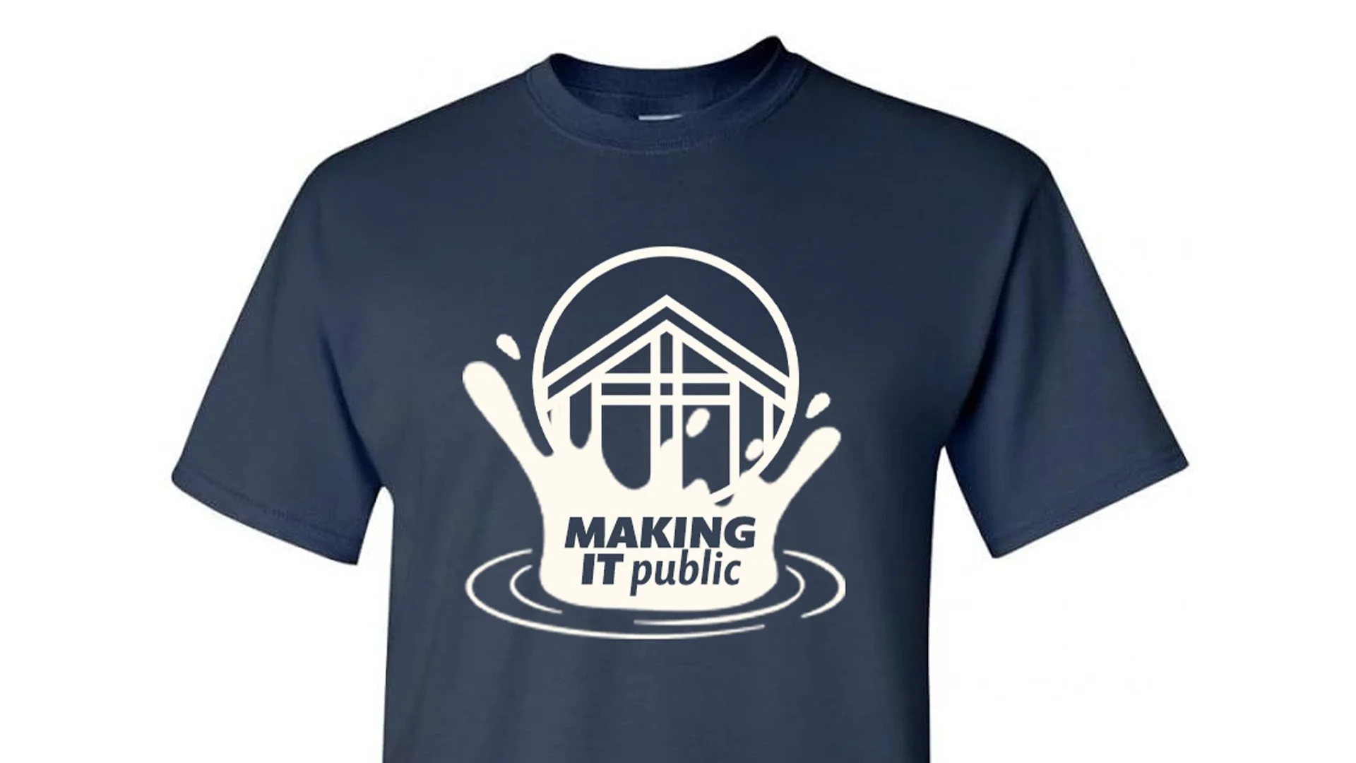 Blue T-shirt with graphic of a house inside a water splash and the text 'Making it public' underneath.
