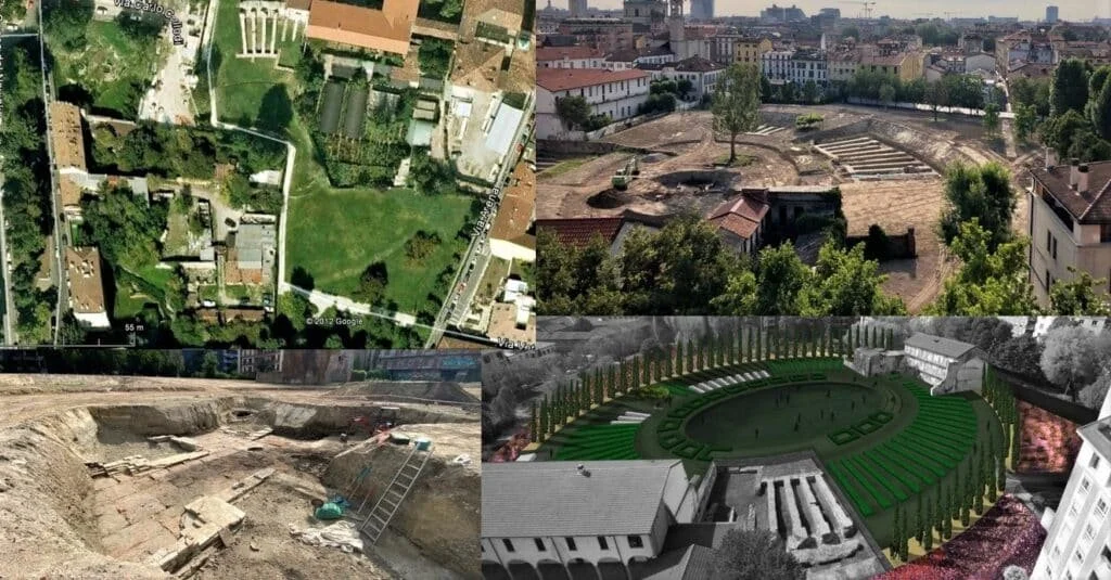 Top left shows the site before acquisition of land to expand the park.