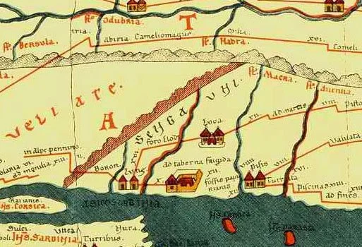 Luna and Lucca as they appear on the ‘Tabula Peutingeriana’ 12th Century  copy of a Roman Map