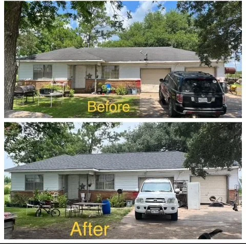 A side-by-side comparison of a house's front yard showing a clean-up makeover with the word 'Before' on the top image and 'After' on the bottom image; the house has a gray roof and white siding, with outdoor furniture and vehicles in the yard.