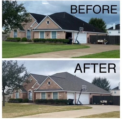 Comparison of front yard before and after landscaping or lawn renovation, showing a brick house with a garage, basketball hoop, and trimmed grass.
