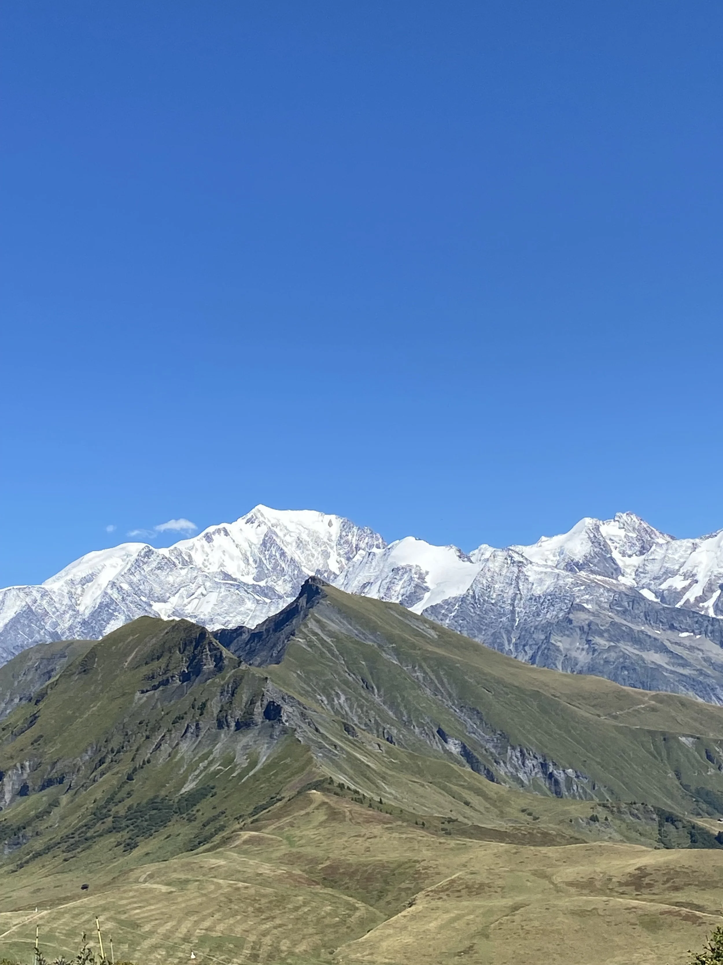 raw and real yoga retreats, Snow-capped mountains under a clear blue sky, with green rolling hills in the foreground.