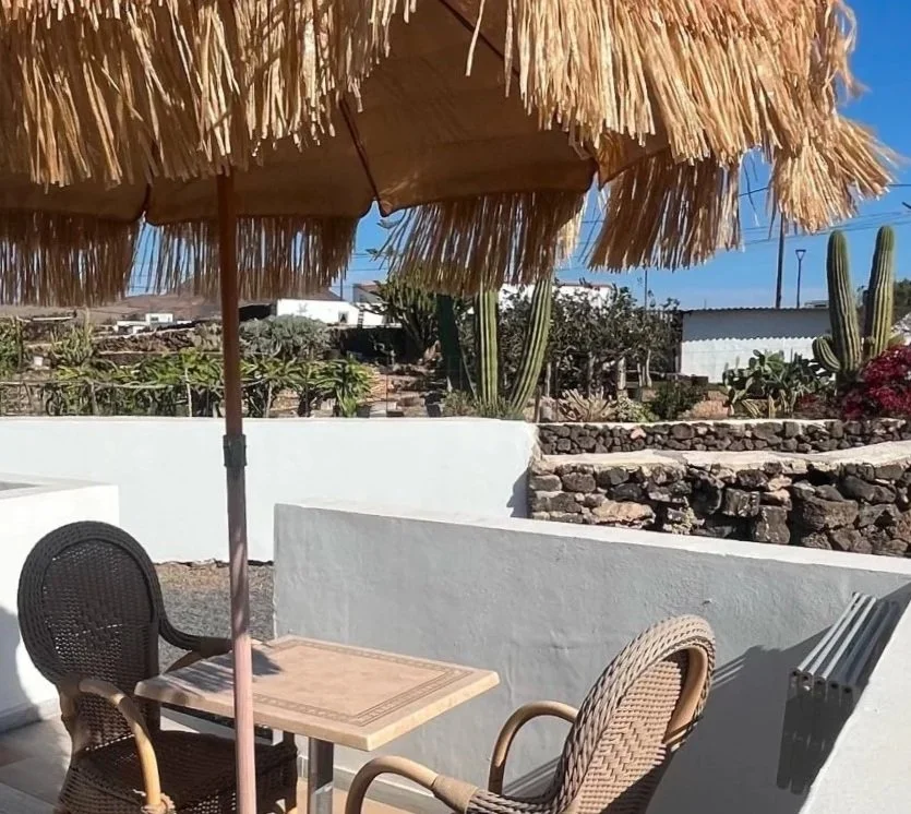 Outdoor patio area with a thatched umbrella, two wicker chairs, and a small table in a sunny setting with cacti and desert plants in the background.