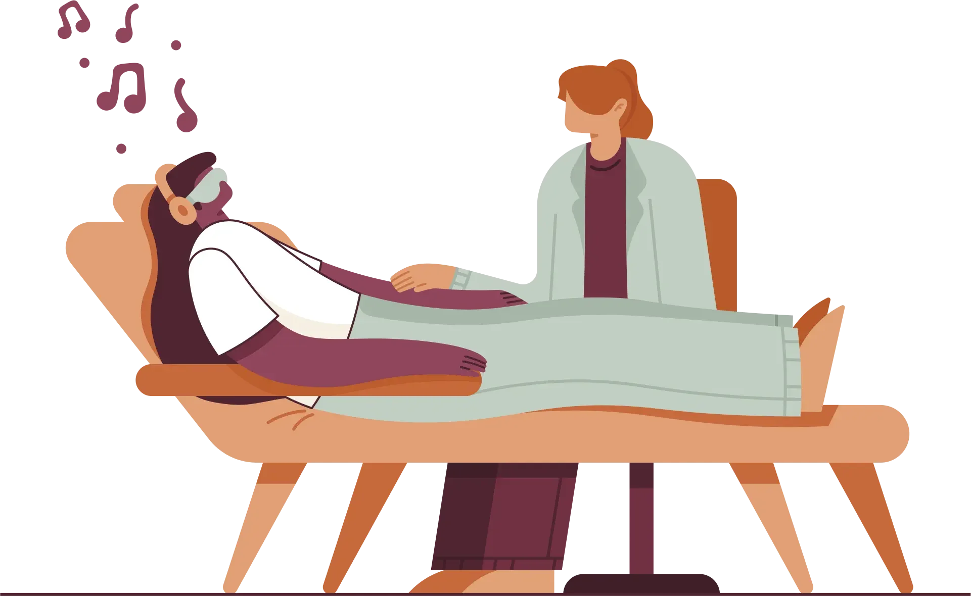 Illustration of a doctor examining a patient lying in a hospital bed with headphones, with musical notes floating above her head.