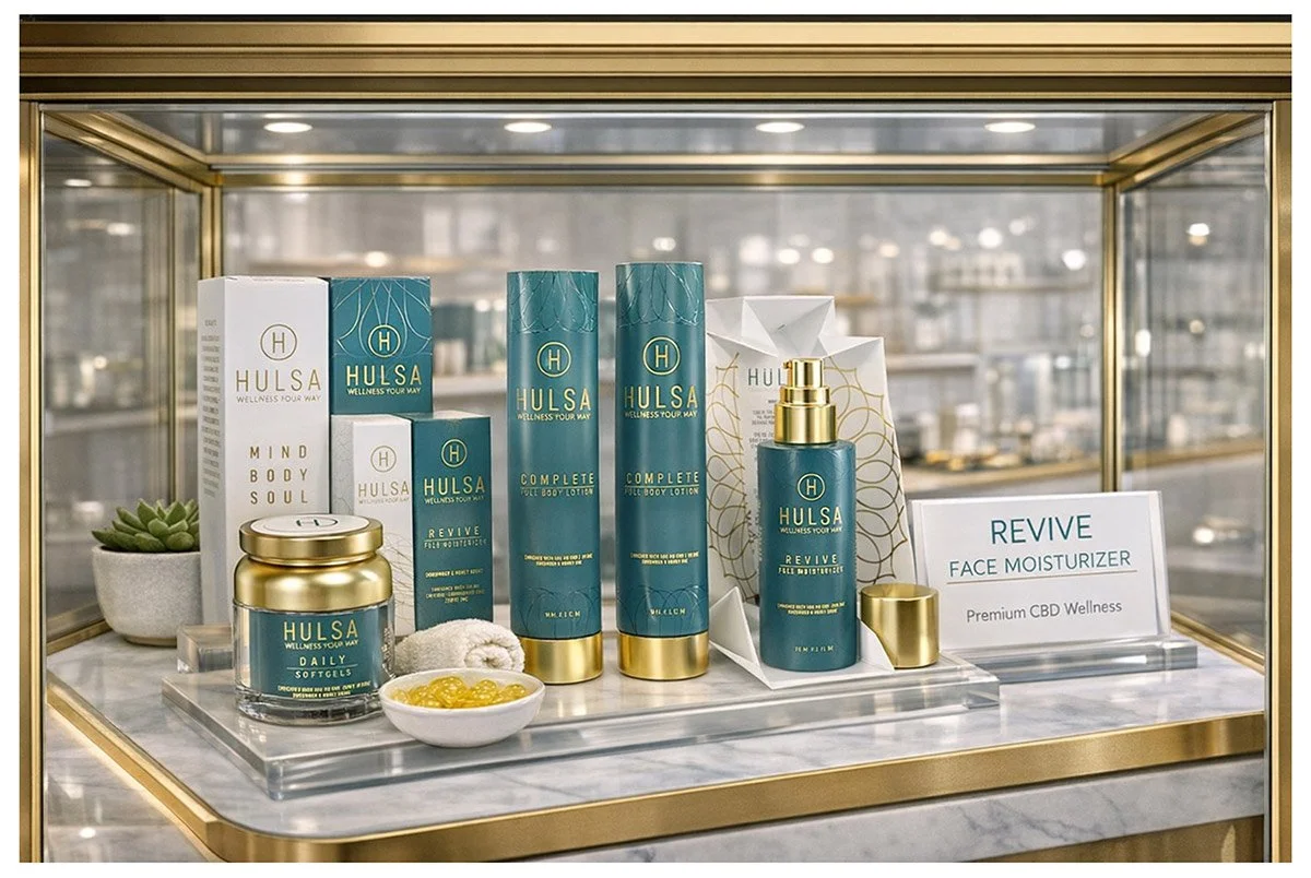 Display of wellness and skincare products from Hulsa on a marble countertop in a glass case, including lotions, face moisturizer, soft gels, and a small bowl of yellow capsules, with a small potted succulent plant.