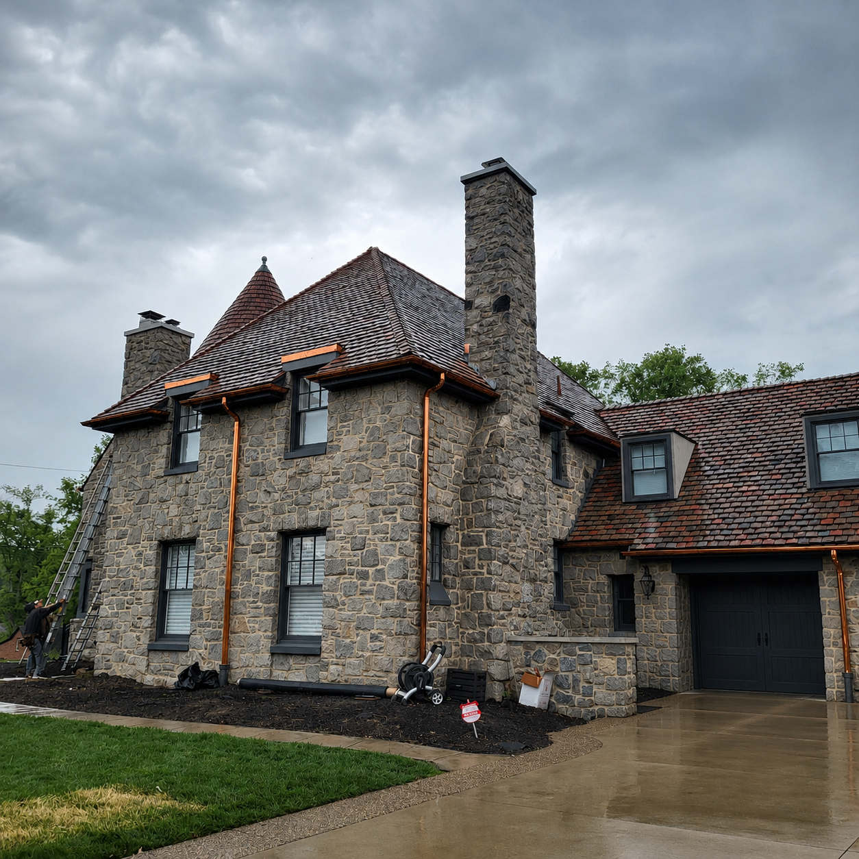 Luxury Exterior Transformation Underway: Ludowici Terra Cotta Tile Roof &amp; Custom Copper Installation