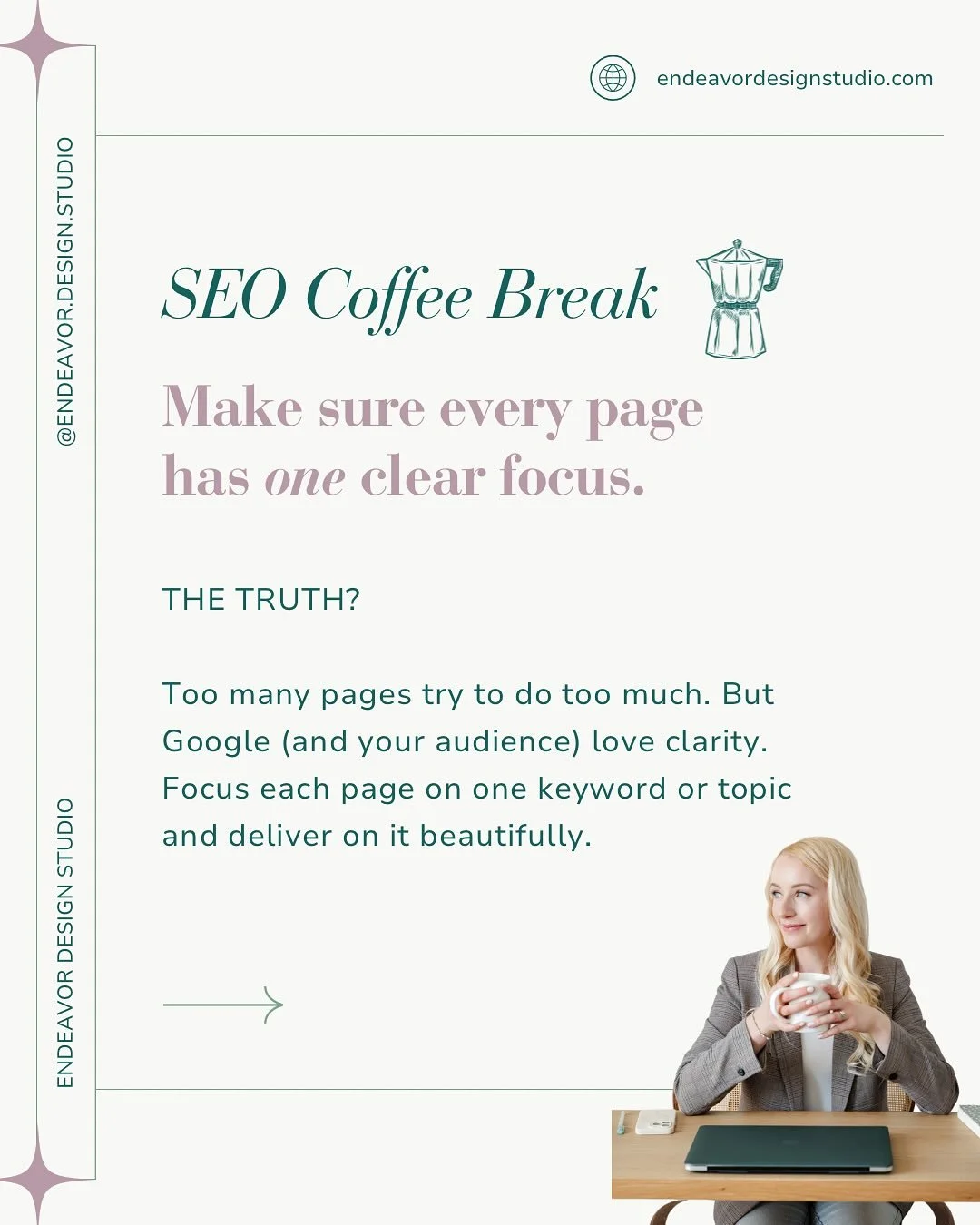 ☕️ SEO Coffee Break

What if your website didn&rsquo;t try to say everything at once?

Because here&rsquo;s the truth:
Too many pages try to do too much.
But Google, and your audience, love clarity.

✨ One page. One focus. One clear invitation.
Not j