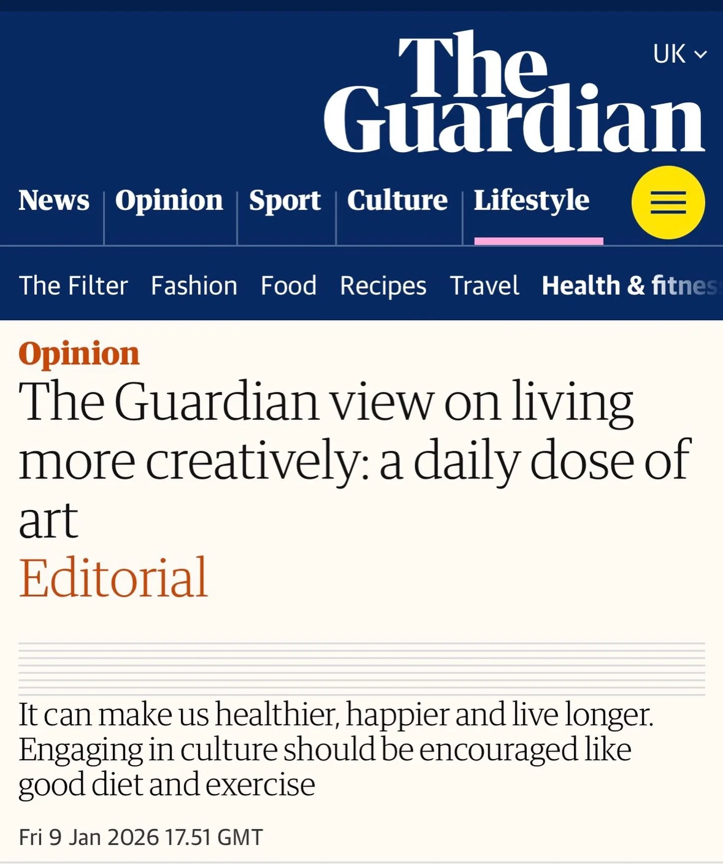 It&rsquo;s really not about being good at art, rather that art is good for us 💕🚀 

https://www.theguardian.com/commentisfree/2026/jan/09/the-guardian-view-on-living-more-creatively-a-daily-dose-of-art

@guardian @souvenir_press 

#creativelife #min