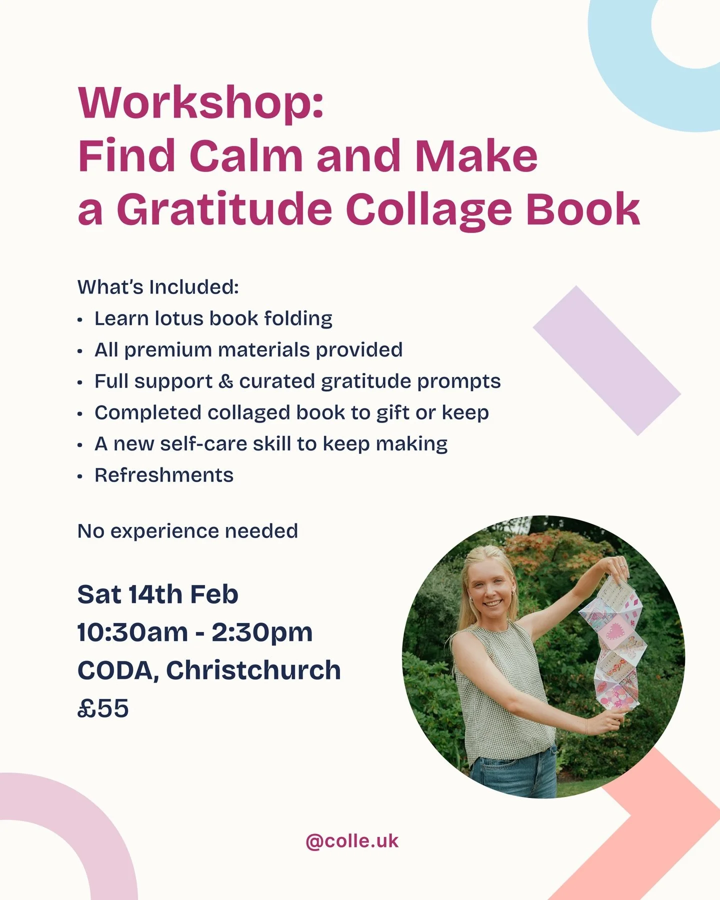 Find calm and make a gratitude collage book.

Spend 4 hours away from your phone creating a meaningful book that helps you slow down and notice what&rsquo;s going well. 

You&rsquo;ll learn to fold a lotus book from scratch, then fill it with collage