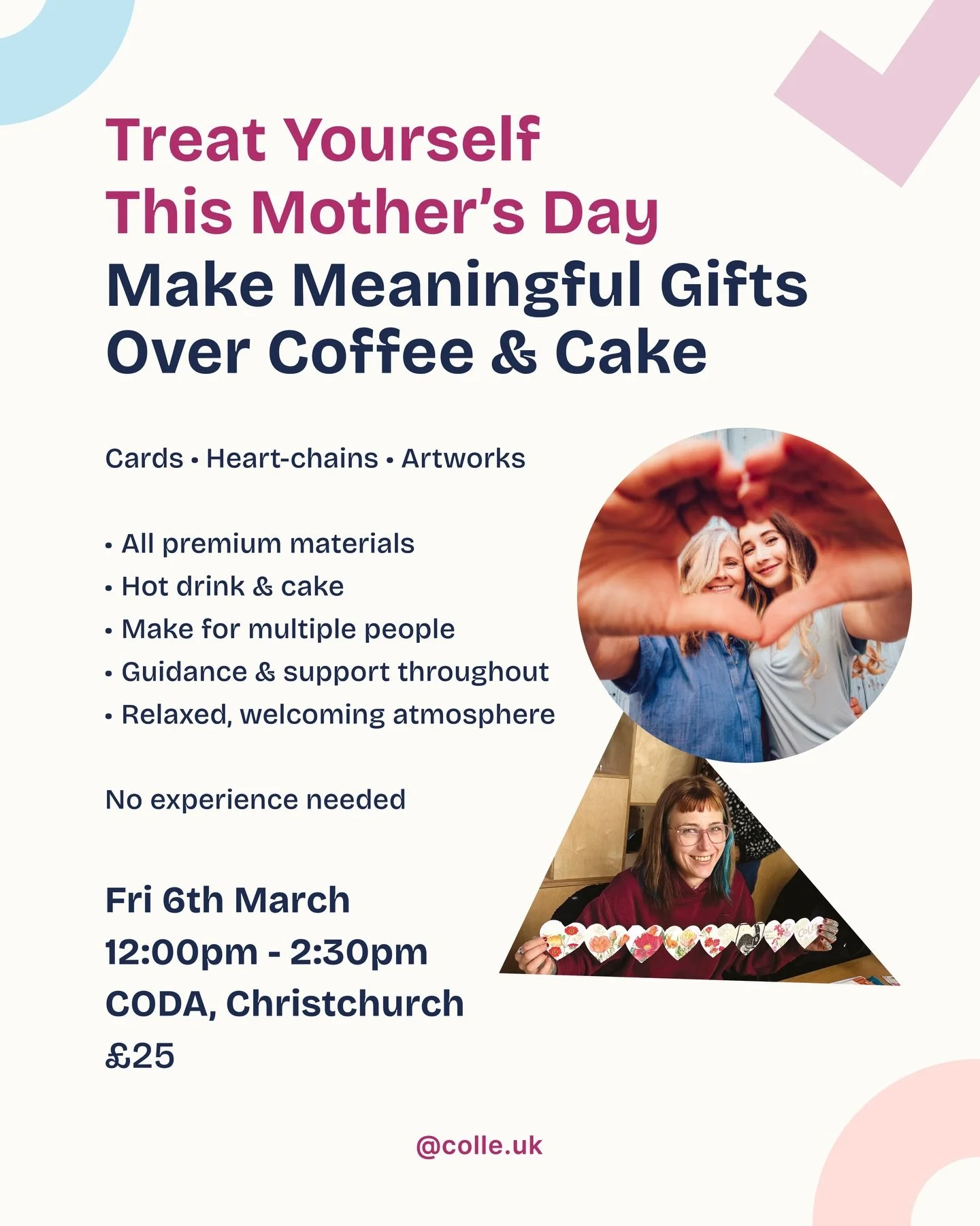 💖💖💖 Treat yourself this Mother&rsquo;s Day and make something meaningful.

Spend a relaxed afternoon creating heartfelt collage gifts for the special mother figures in your life. Make meaningful collaged cards, heart-chains, or artworks - you can 