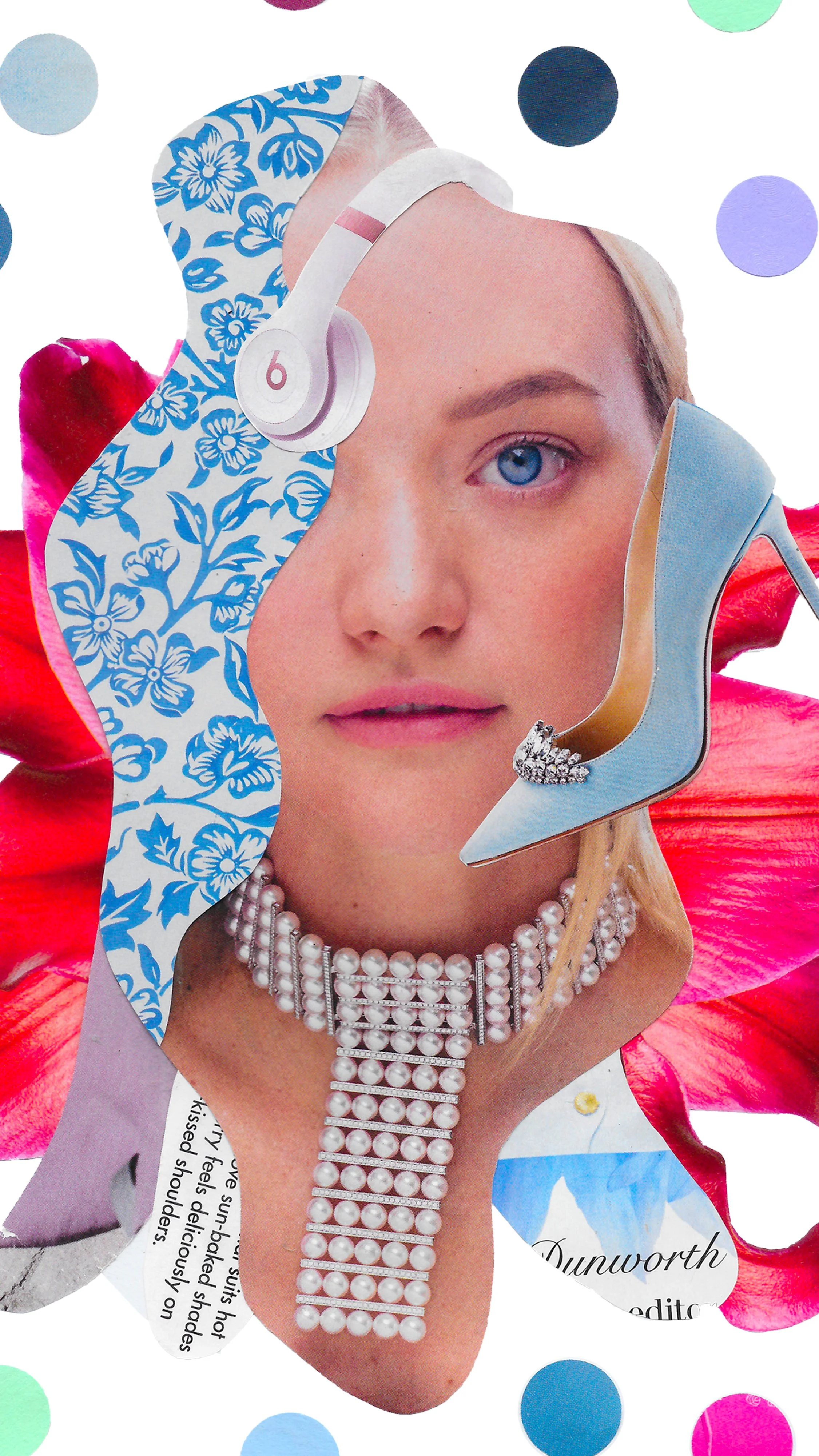 Collage of a woman with blonde hair, wearing pearl jewelry, a headset, and a blue floral headscarf, surrounded by high heels and colorful polka dots.