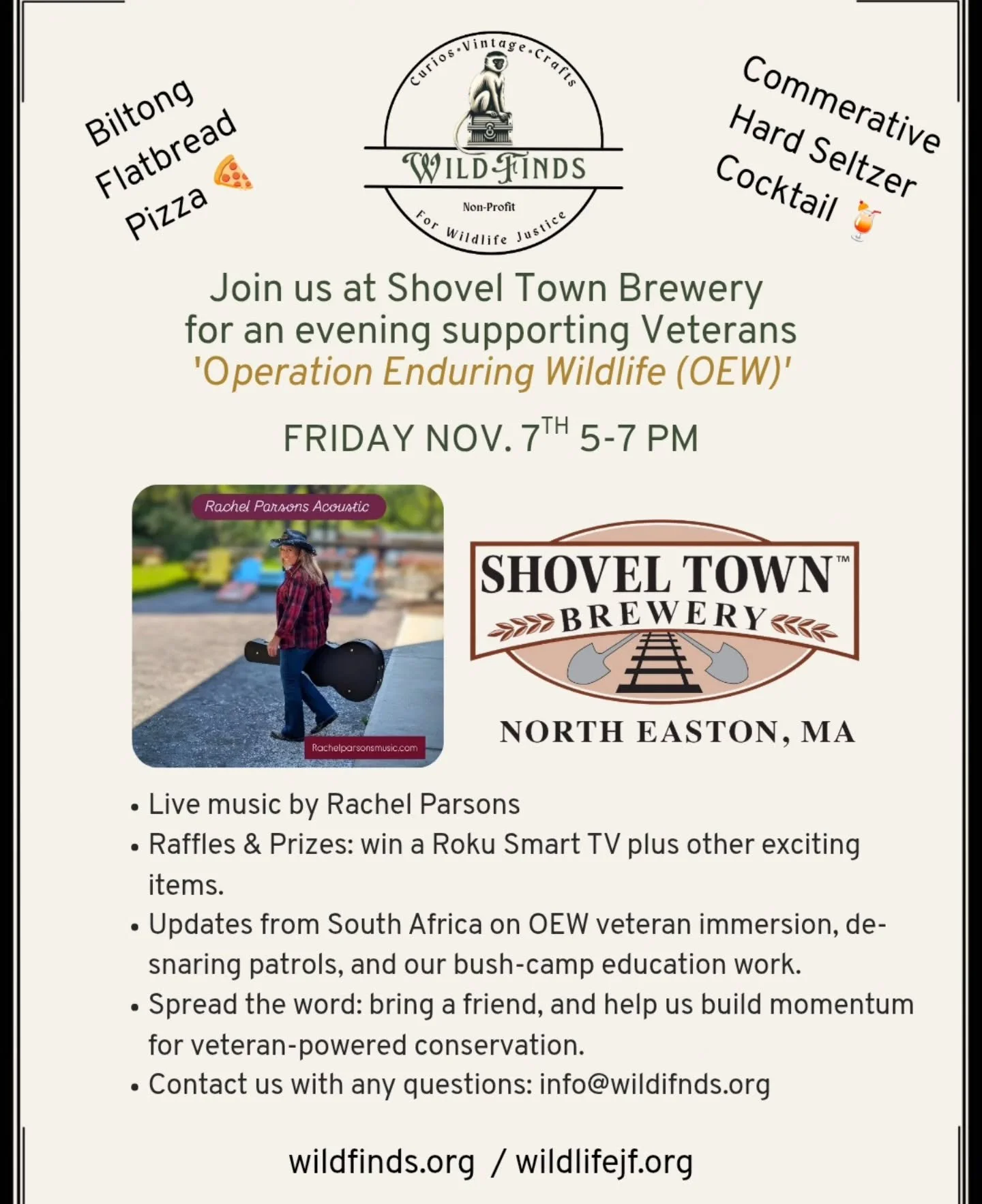 Event Reminder 🎉
This Friday, November 7, 5&ndash;7 PM, we&rsquo;re at Shovel Town Brewery (Easton, MA) for our Veterans Support Night benefitting Operation Enduring Wildlife.
&bull; Live music by Rachel Parsons Acoustic 🎶
&bull; Raffles &amp; priz