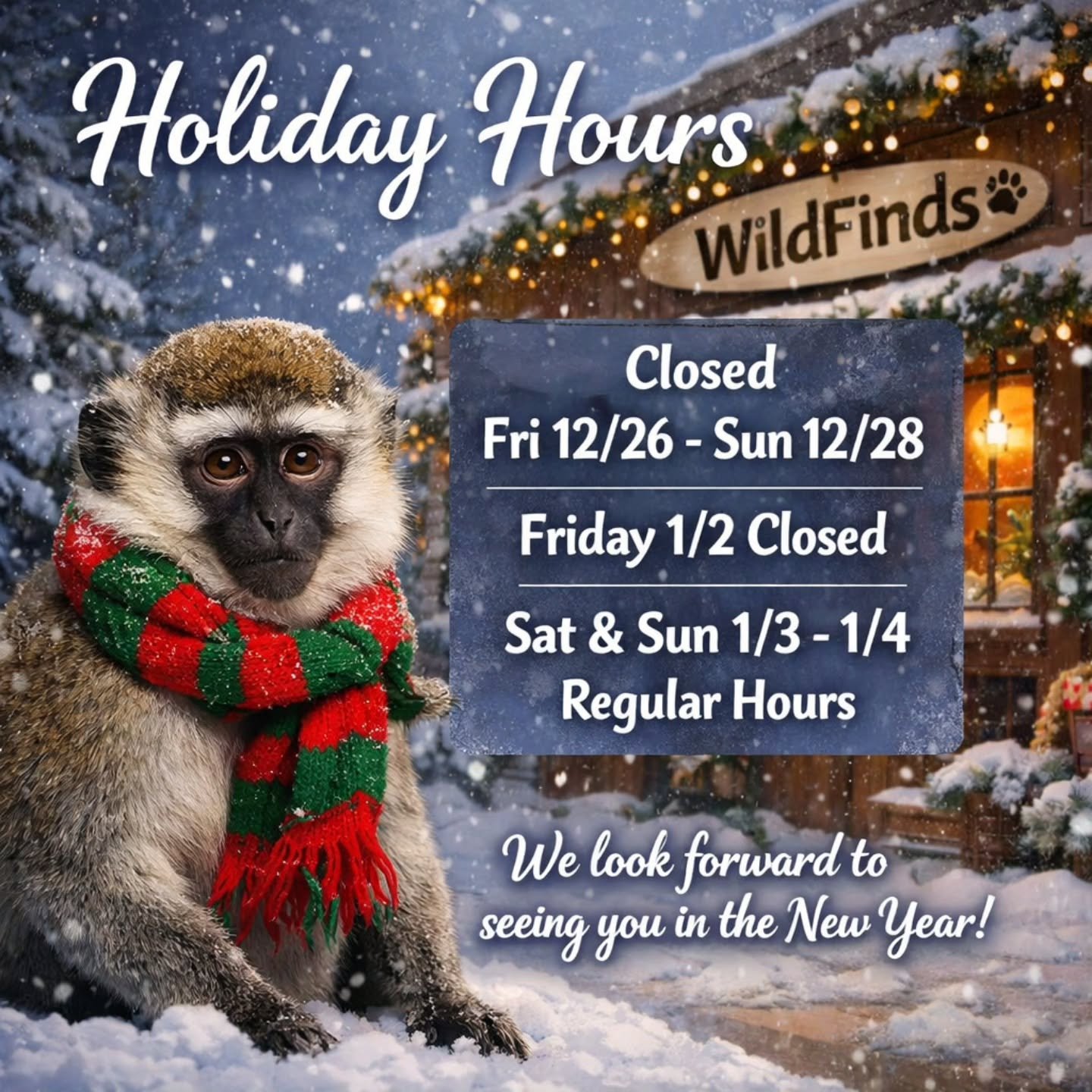 WildFinds Holiday Hours Update 🎄✨

Heads up, friends&mdash;WildFinds will be closed on the following dates:
Fri 12/26 &ndash; Sun 12/28: CLOSED
Friday 1/2: CLOSED
Sat &amp; Sun 1/3 &ndash; 1/4: Regular hours

Thank you for all the love and support t