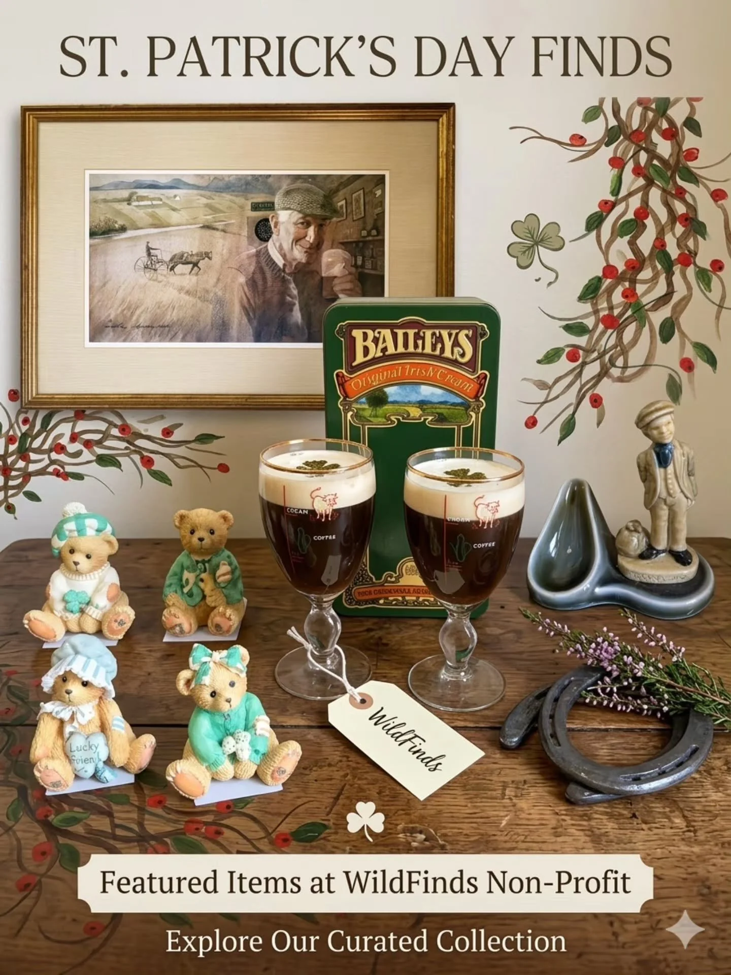 🍀 Lucky Finds at WildFinds! 🍀

​Celebrate St. Patrick&rsquo;s Day with a curated collection that gives back! From vintage gold-rimmed Irish Coffee glasses to charming figurines, we&rsquo;ve gathered a collection of emerald-hued treasures for your h