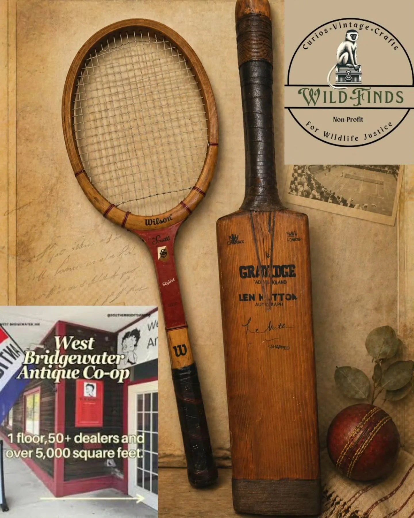 🏏🎾 Vintage Sports Items
Classic Wilson Stan Smith tennis racket and a vintage Len Hutton cricket bat; a great mix of tennis and cricket history. More sporting memorabilia in store as well. 

Both have solid wood construction and a lot of character.