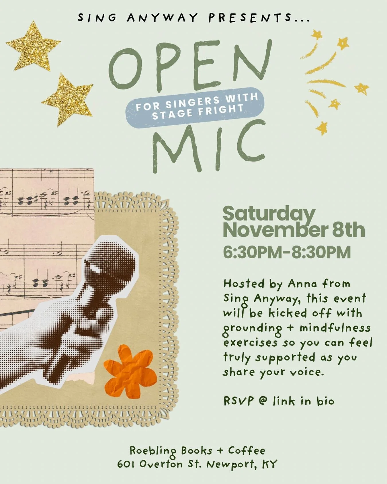 Wanting to share your voice but feeling nervous?

You are in good company!

Come share your voice with us on 11/08 from 6.30-8.30pm at Roebling Books in Newport, KY!

At the beginning of the night I will lead the group in some grounding and mindfulne