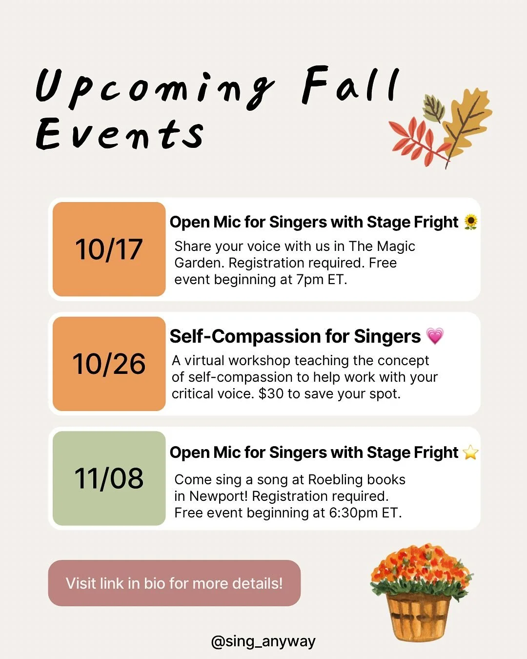 🗓️ Lots going on over the next few weeks! You can register for any/all of these at the link in my bio.

10/17 - Open Mic for Singers with Stage Fright 🌻

Join us in @themagicgardencincy at 7pm. I will be leading grounding exercises before we begin 