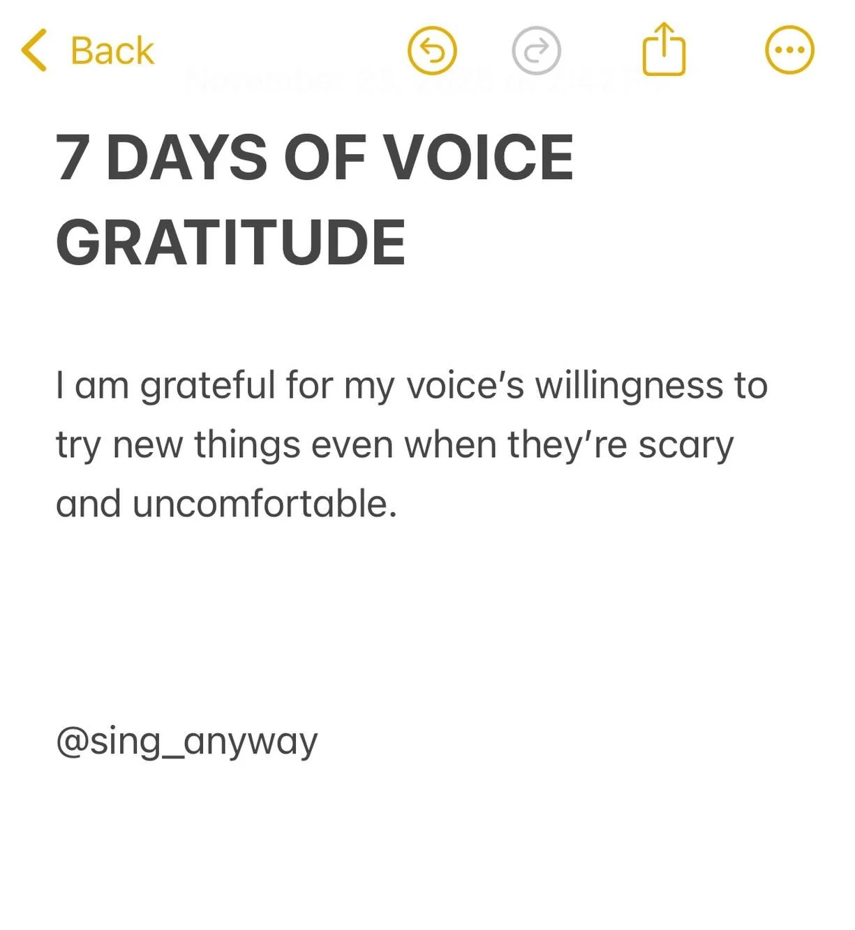 Day 4!!!!!

As I start back up voice lessons for myself, I find myself being grateful for my voice&rsquo;s willingness to attempt new warm-ups and new sounds. 

This can be so vulnerable and my ability to do this is really because of the work I have 