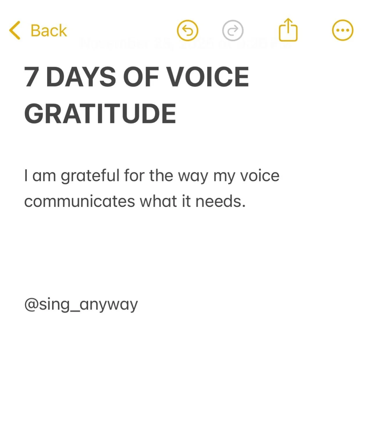 Day 6!!!

The more I&rsquo;ve become &lsquo;in&rsquo; my body, the more I can hear what my voice is communicating to me.

When it&rsquo;s strained, it needs massage, rest, and gentle vocalises.

When it&rsquo;s loud, it needs encouragement and pride.