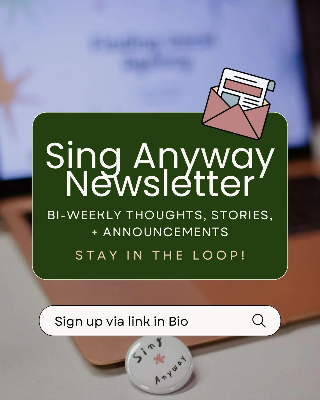 Social media algorithms often prevent content from reaching the right folks!

If you want to ensure you stay up-to-date with all of our going ons, sign up for the Sing Anyway Newsletter at the link in my bio.

Be the first to receive news about new o