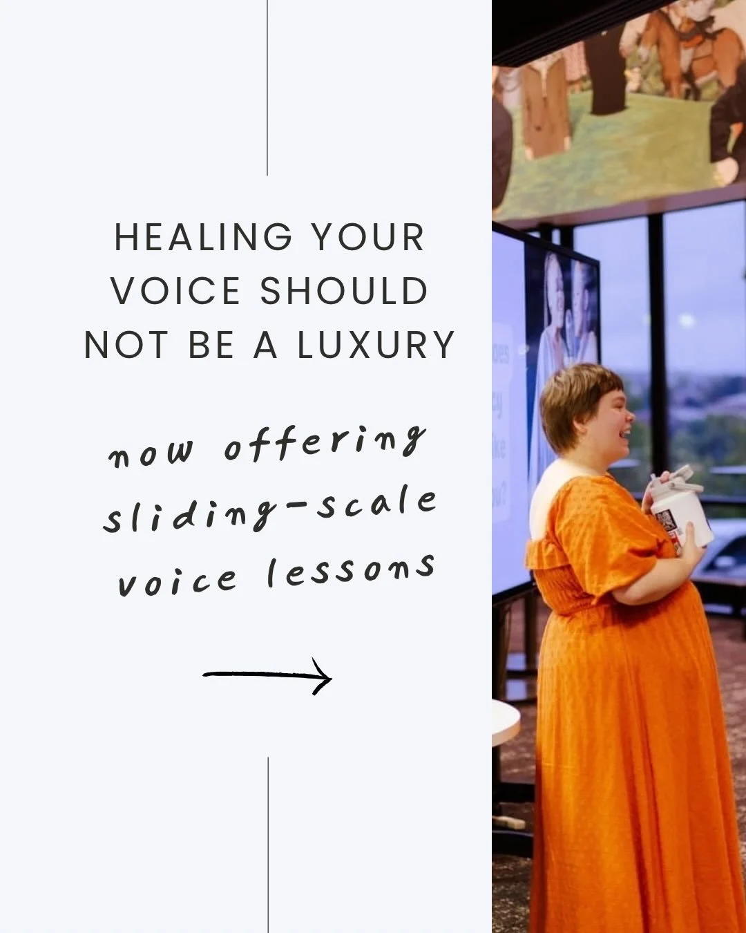 Voice lessons can be expensive &mdash; but healing your voice and getting good quality voice care should not be a luxury.

Which is why on this Small Business Saturday, I&rsquo;m opening 🎤 sliding-scale lesson spots!

📑Details:

 💗 $115&ndash;175/