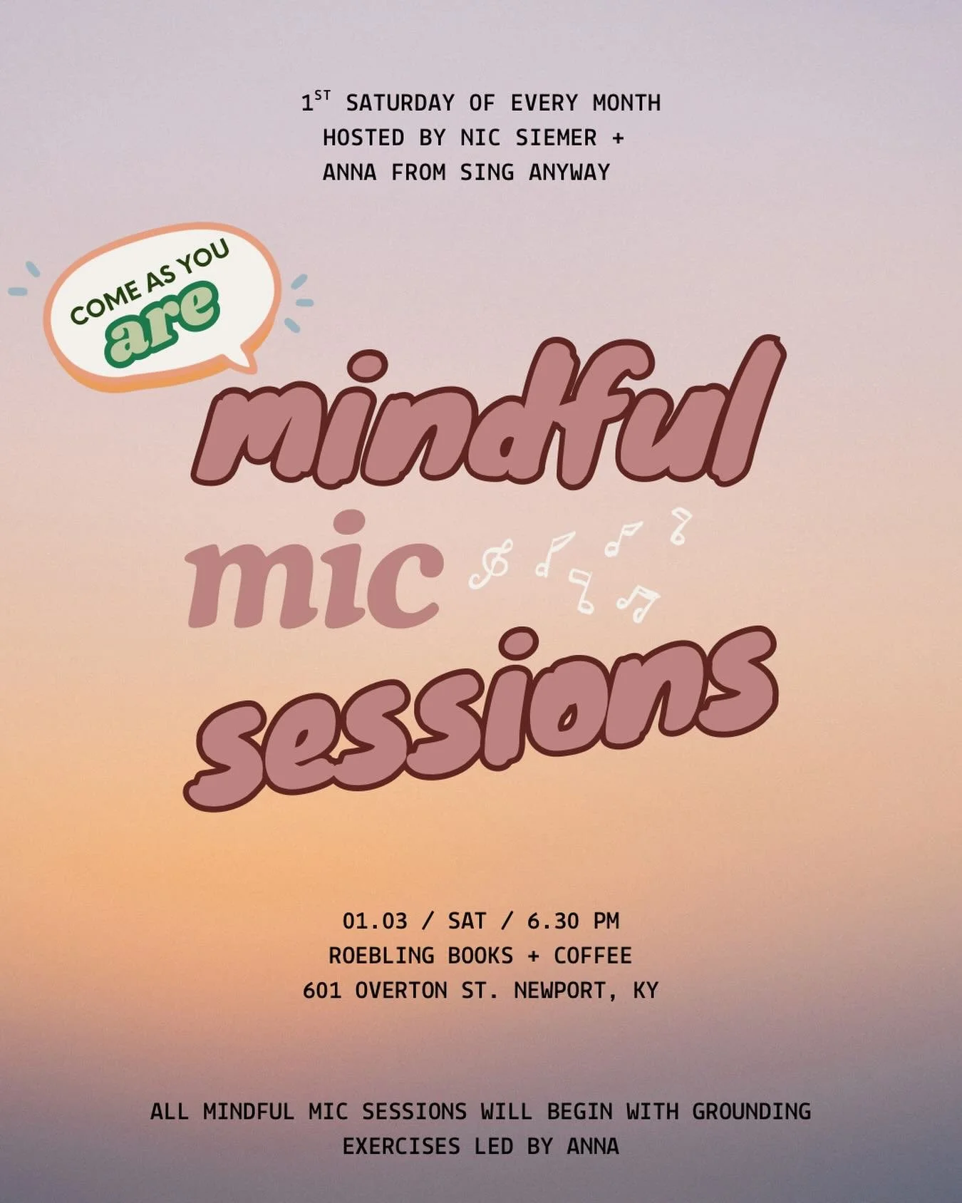 Join us 01/03 for the FIRST EVER Mindful Mic Sessions!! 🗣️🎤 hosted at Roebling Books by me and fellow musician, Nic Siemer!

Similar to open mic for singers with stage fright, this event is for anyone who&rsquo;s nervous to sing or who just doesn&r