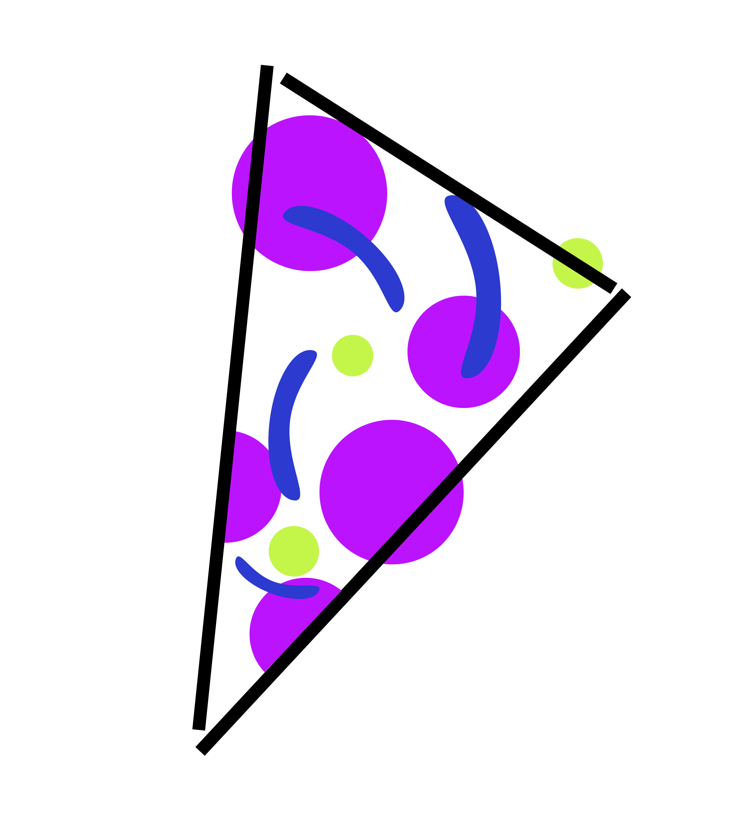 Abstract digital art with purple circles, blue curved lines, and small green dots on a black background.