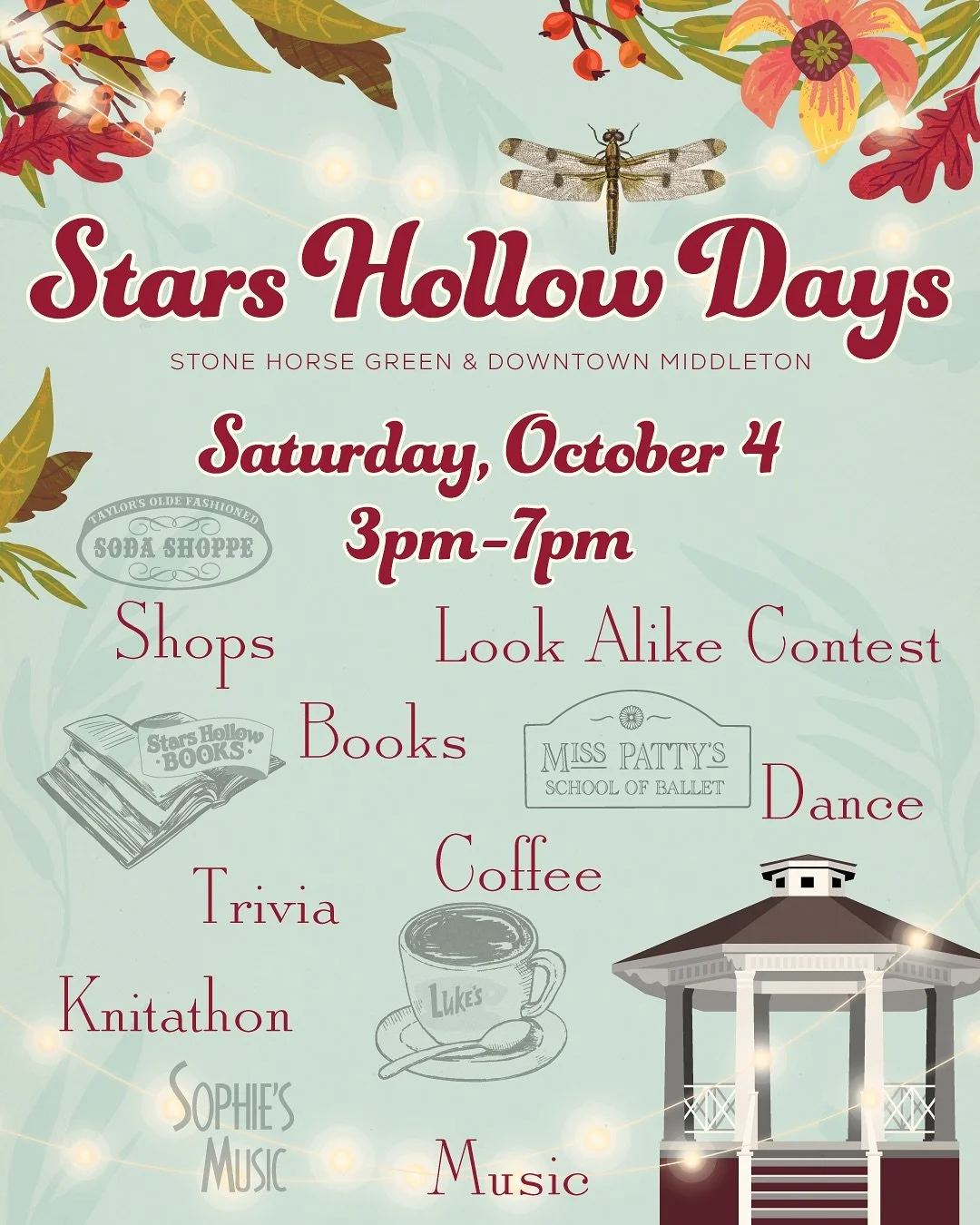 All roads lead to Luke’s ☕️ … we mean Downtown Middleton! 
Join us this Saturday, October 4, from 3-7pm for Stars Hollow Days on and around the Stars Hollow Town Square — aka @stonehorsegreen. 
Whether you’re a Gilmore Girl