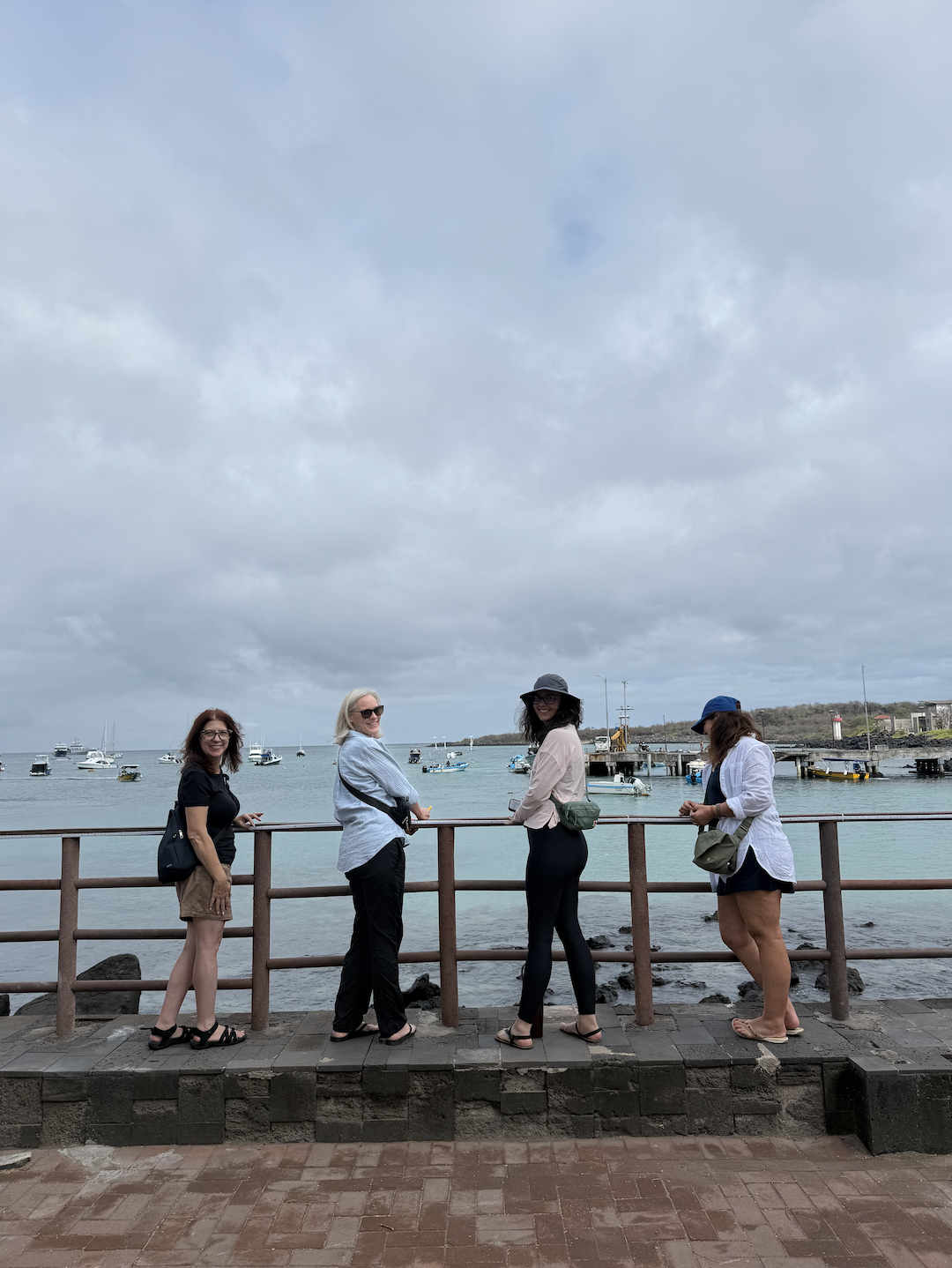 Four women standing on a brick sidewalk near a harbor with boats, looking at the camera, under a cloudy sky.