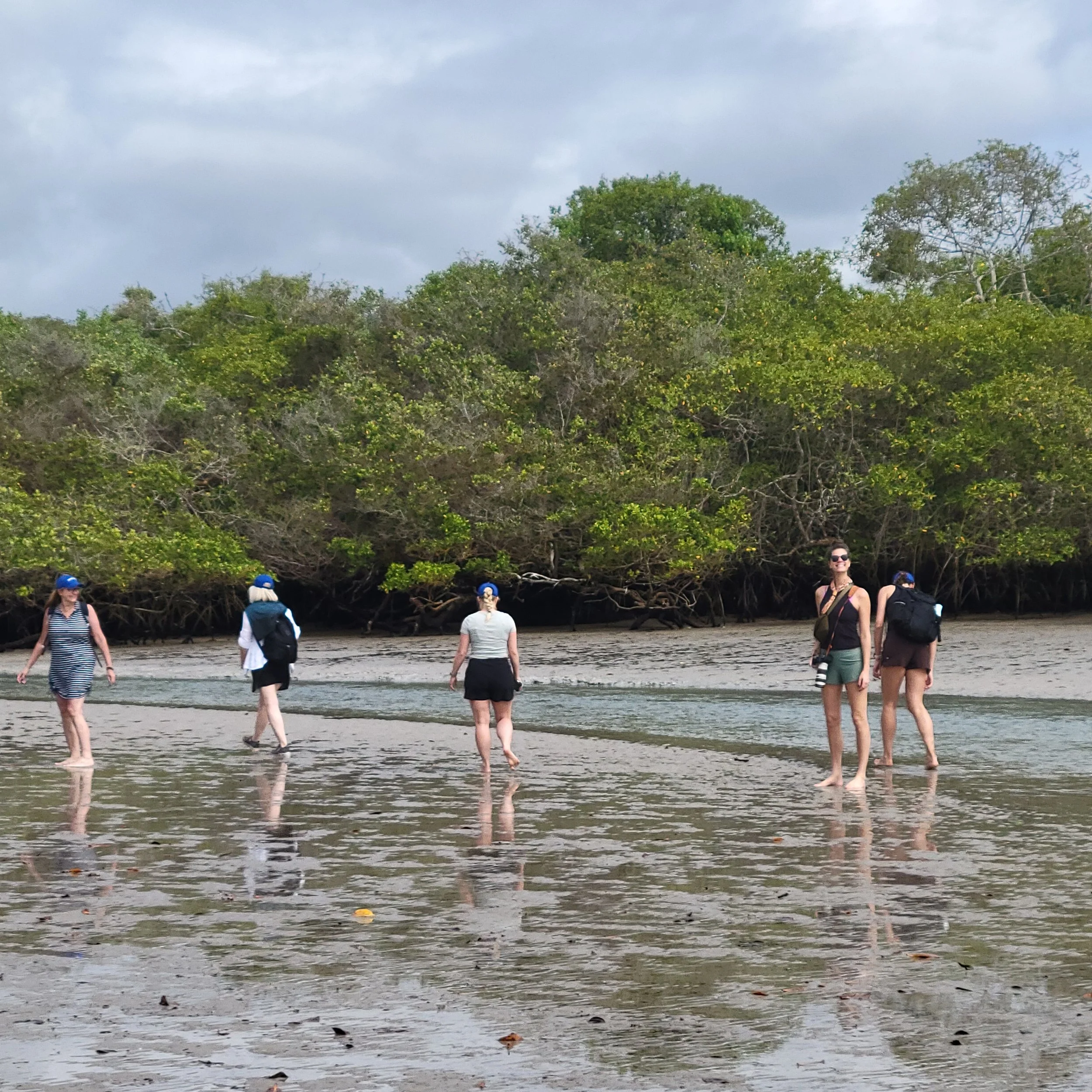 Five women walking on a beach with shallow water and sand, with lush green trees in the background under a cloudy sky.