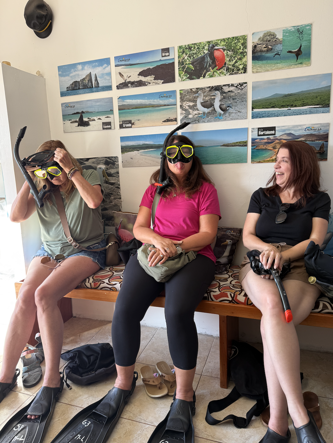 Three women sitting on a bench, preparing for snorkeling, with masks and fins. The wall behind them has photos of ocean scenery and marine life.